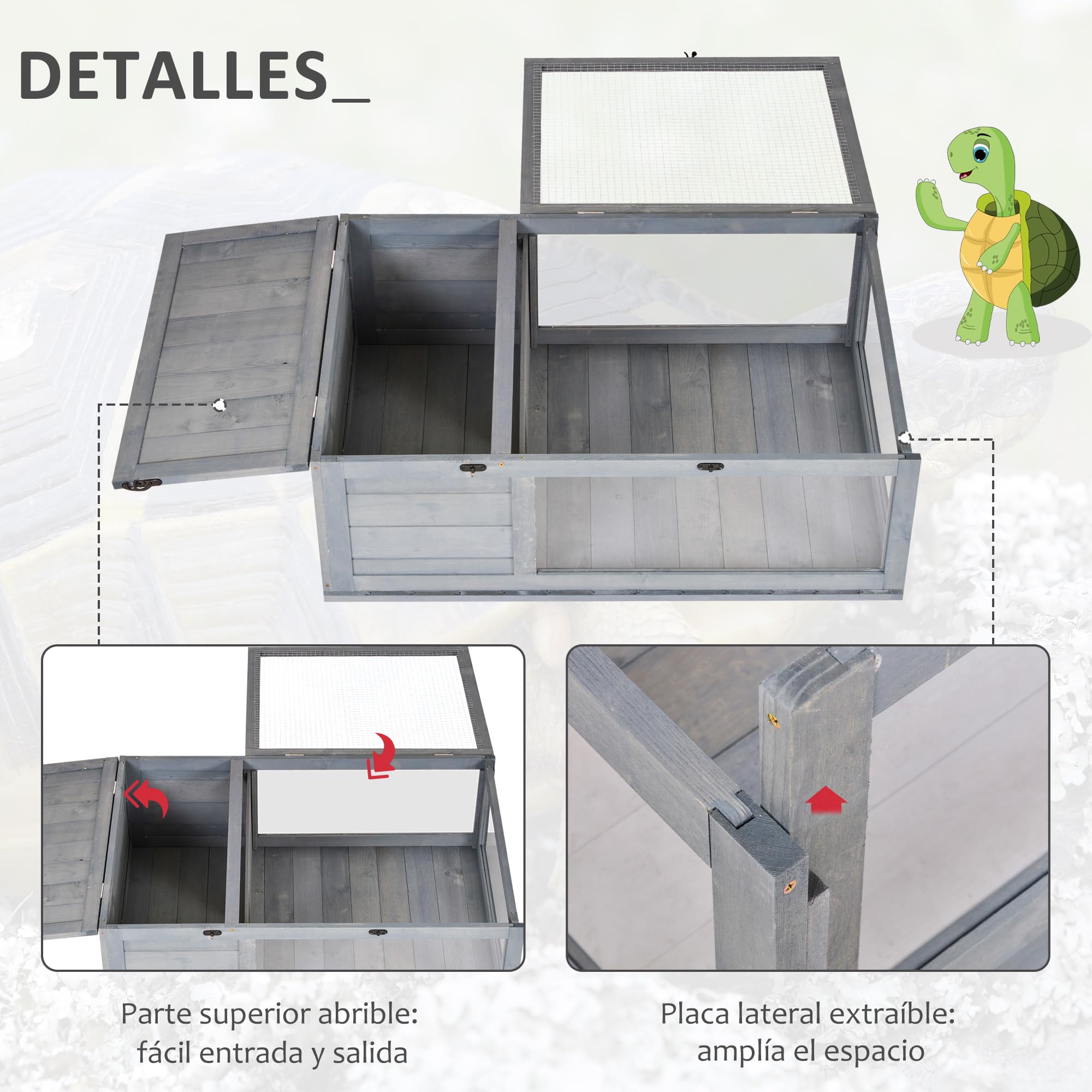 PawHut Casa para Tortugas de Madera, Terrario para Reptiles con Techo de Malla, Paneles Laterales Transparentes Extraíbles y Pestillo de Seguridad, Caseta para Tortugas, 91x60,5x32 cm, Gris
