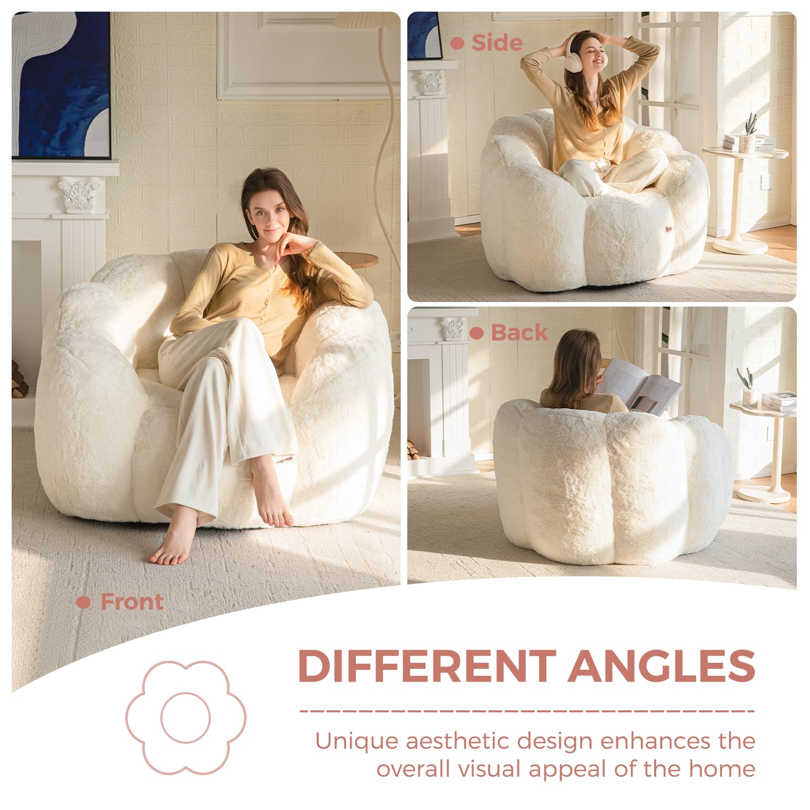 MAXYOYO Pouf Salon & Chambre, Floral Forme Bean Bag 2 Places avec Remplissage à Mémoire de Forme, Fausse Fourrure Douce, Taille Géante Fauteuil Pouf Poire | Pouf poire en forme de fleur avec rembourrage en fausse fourrure douce pour salon, chambre à couch