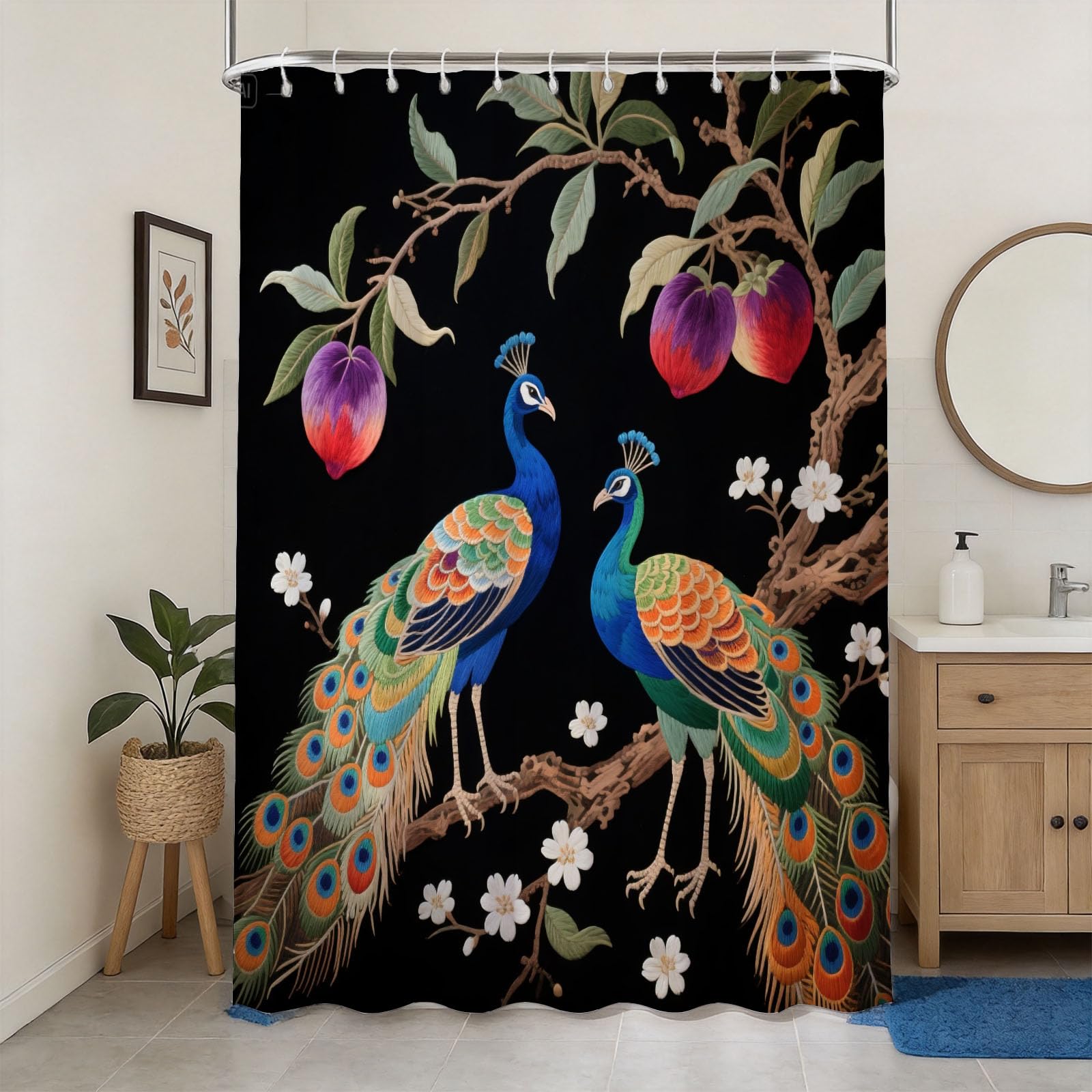 Hongduo 3D Peacock Printed Shower Curtain for Stalls Bathtubs Unique Exotic Bathroom Decor Shower Curtain Set Polyester Fabric Waterproof 180x180cm/71X71 Inch with Hooks