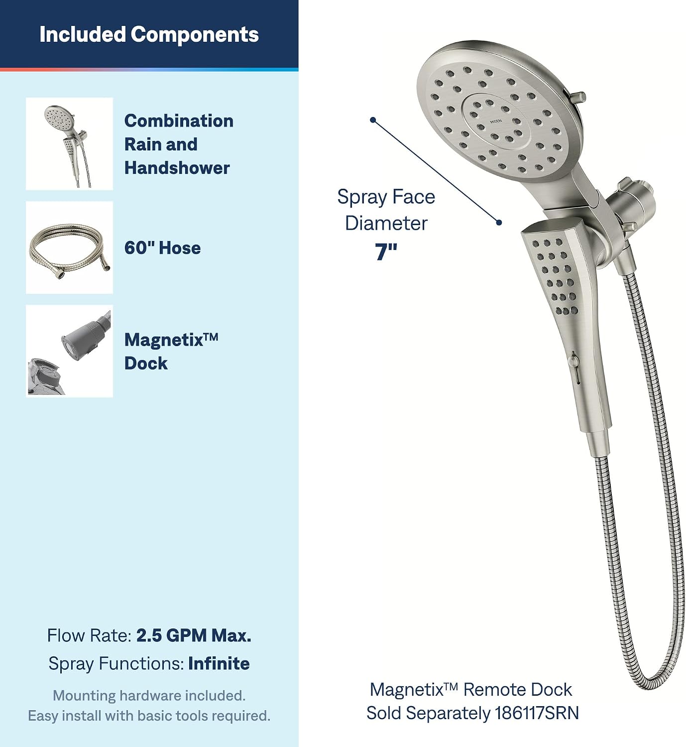 Moen Verso Spot Resist Nickel Round Rain Shower Head and Detachable Handshower Combination with Magnetix Docking System and 60-inch Metal Hose, 220C2SRN image 3