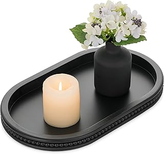Hanobe Decorative Wooden Tray Black: Modern Decorative Tray Wood with Beads for Dining Table - Small Oval Serving Tray Candle Tray Table Decoration for Home Living Room Table