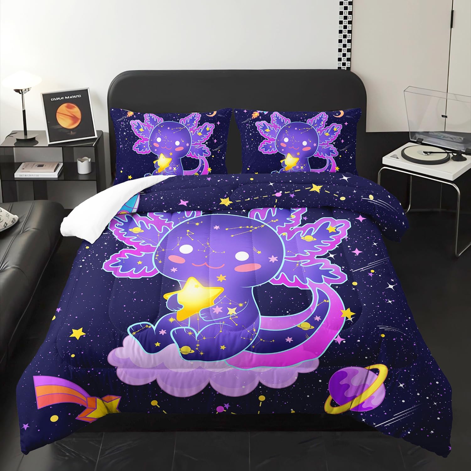 Galaxy Axolotl Comforter Set Queen Size,Kawaii Animals Cartoon Space 3 Bedding Set for Girls Boys Kids,Rocket Starry Sky Lightweight Down Alternative with 2 Pillowcases for Bedroom Decorative