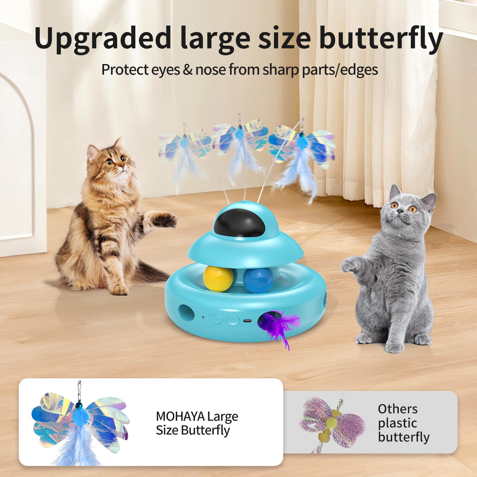 MOHAYA Jouets pour chat, jouet automatique 4 en 1 pour chats adultes ennuyés d'intérieur, papillon volant électrique, Whack a Mole, balles de piste en plumes, bleu