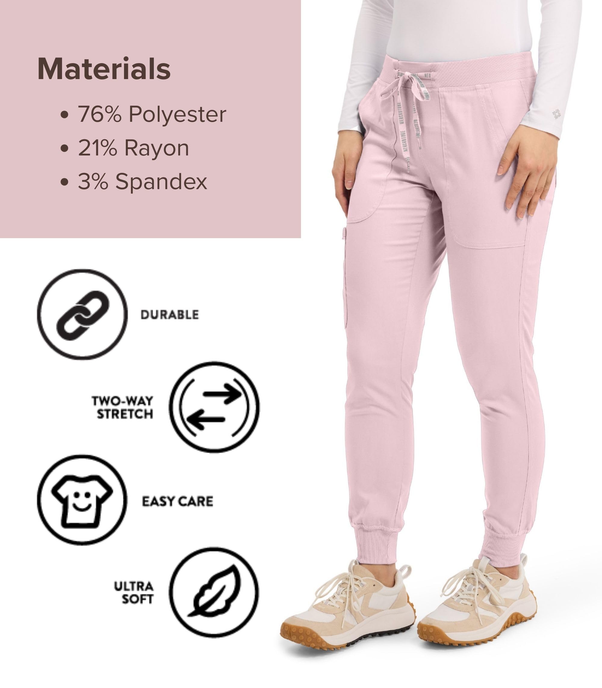 Med Couture Scrub Pants For Women Cargo Jogger Bottoms with 5 Pockets, Lightweight, Ultra Soft, 2-Way Stretch Fabric - MC7710: X-Small Ice Pink