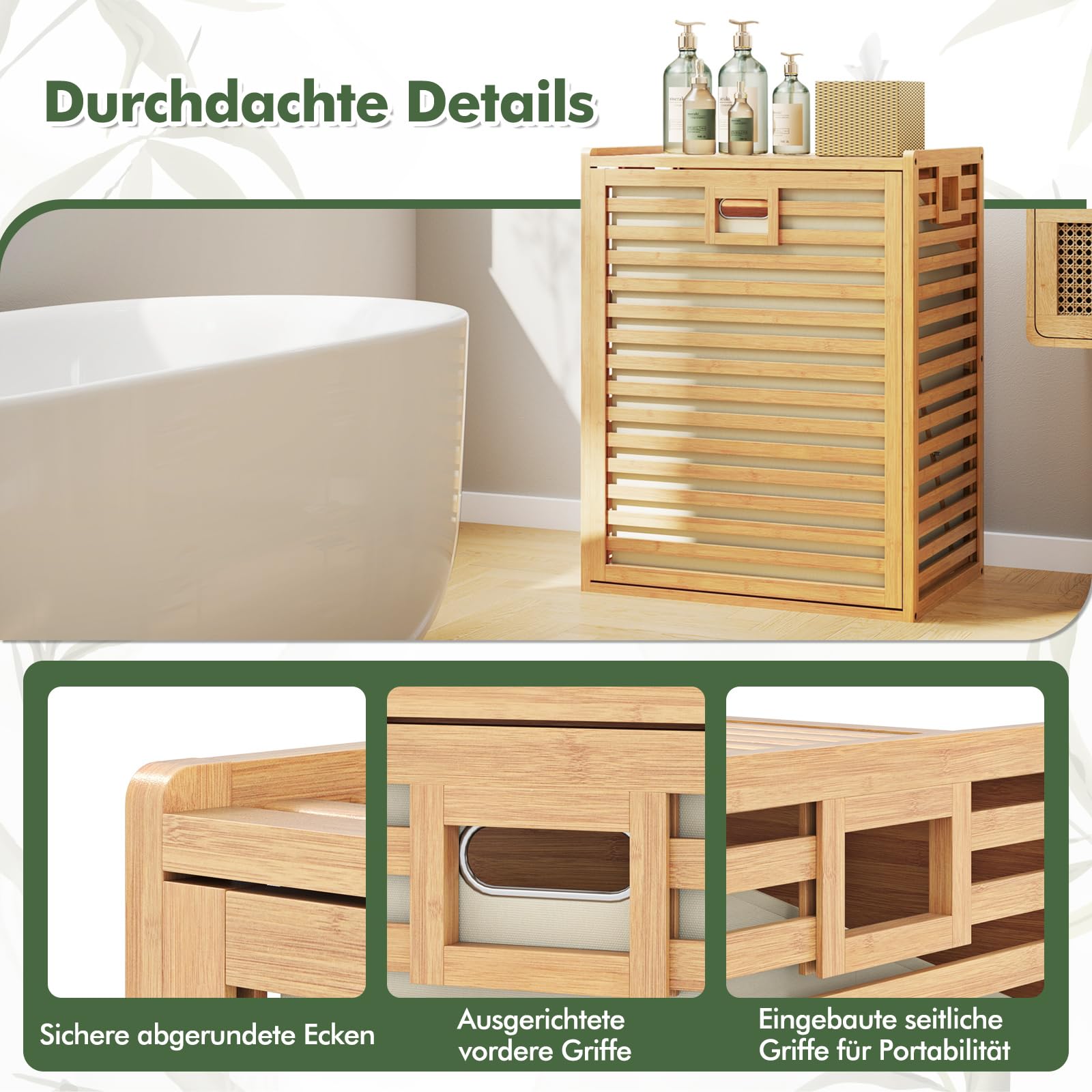 COSTWAY Badregal mit Wäschekorb, 68 L, Regal aus Bambus, Badschrank mit Ablage & Ausklappbarem und klappbarem Korb aus Stoff, Wäschesammler für Badezimmer, Waschküche, Natur, 50 x 35 x 64 cm