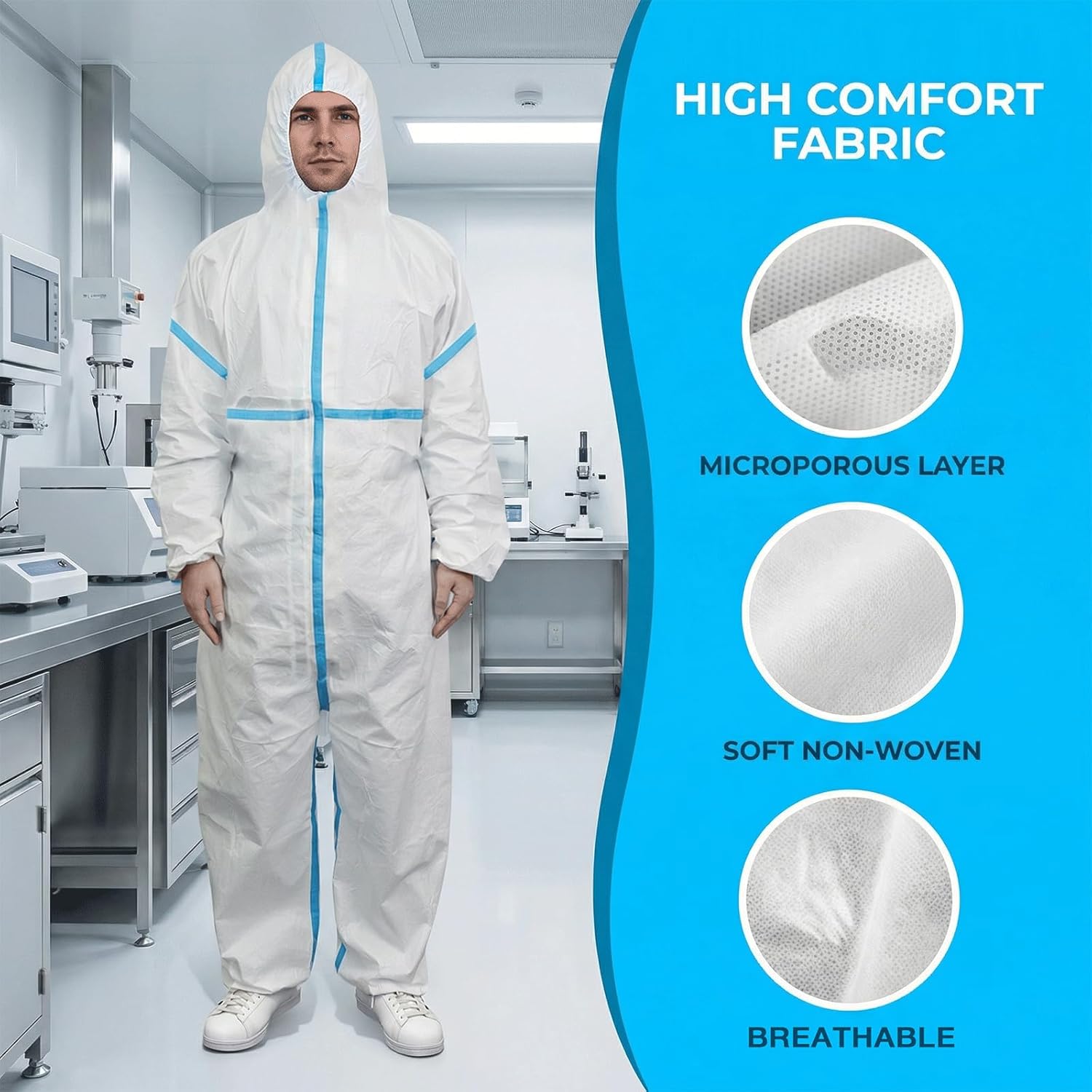 Disposable Hazmat Coveralls with Hood as Paint suit/Lab coveralls,Full Body Coverage with High Mobility,Unisex,White