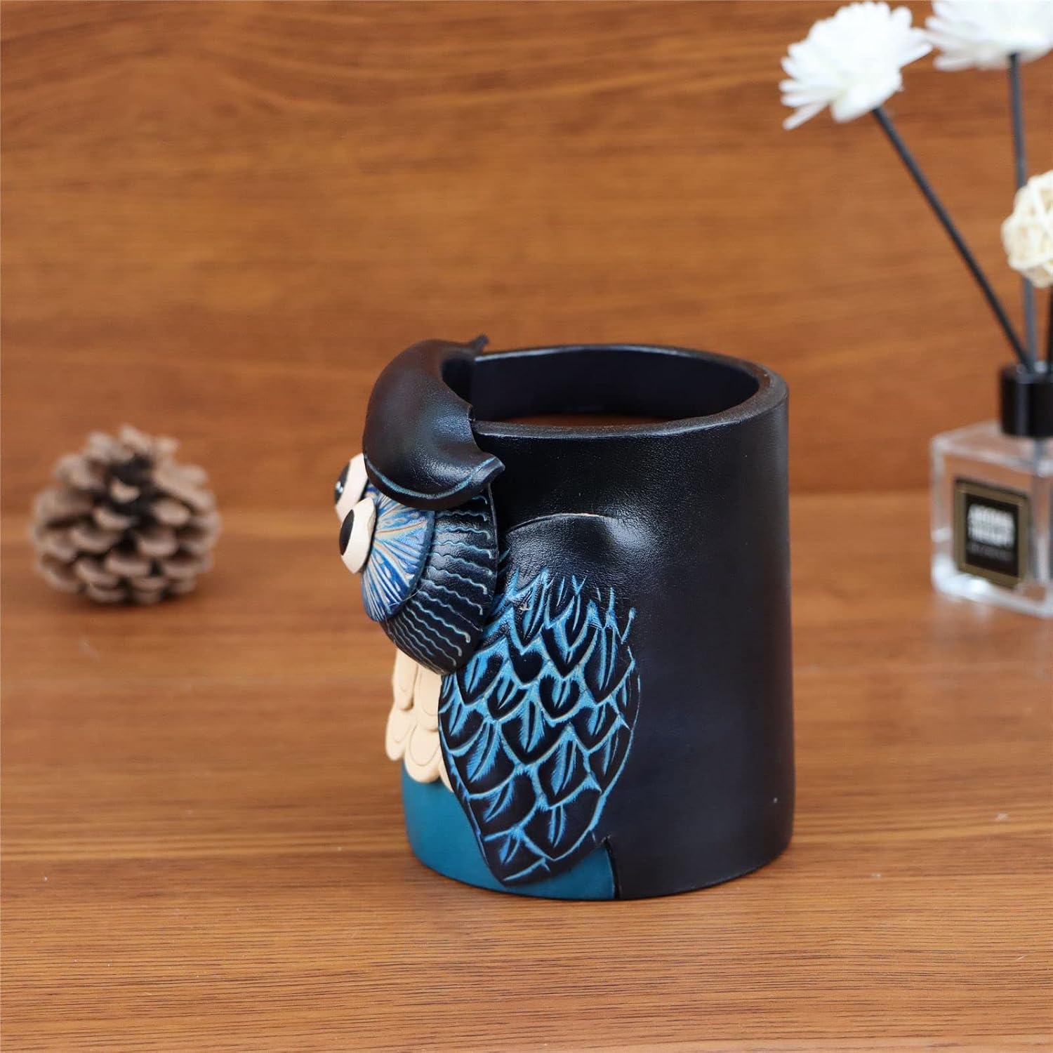Vegetable Tanned Leather Cowhide Owl Desktop Decorative Pen Holder Stationery Makeup Brush Organizer Creative Gifts For Men And Women (Blue)