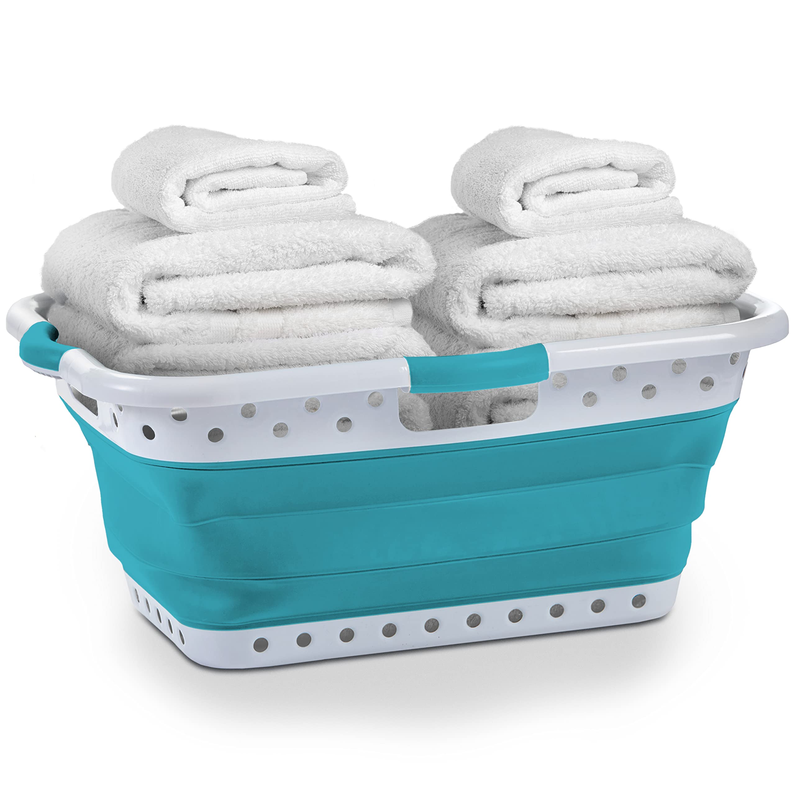 1 Large 25" Slim Collapsible Plastic Laundry Basket, Space Saving Portable Pop Up Storage & Organization Basket, 3" High When Folded, 3 Comfort Grip Handles, Teal
