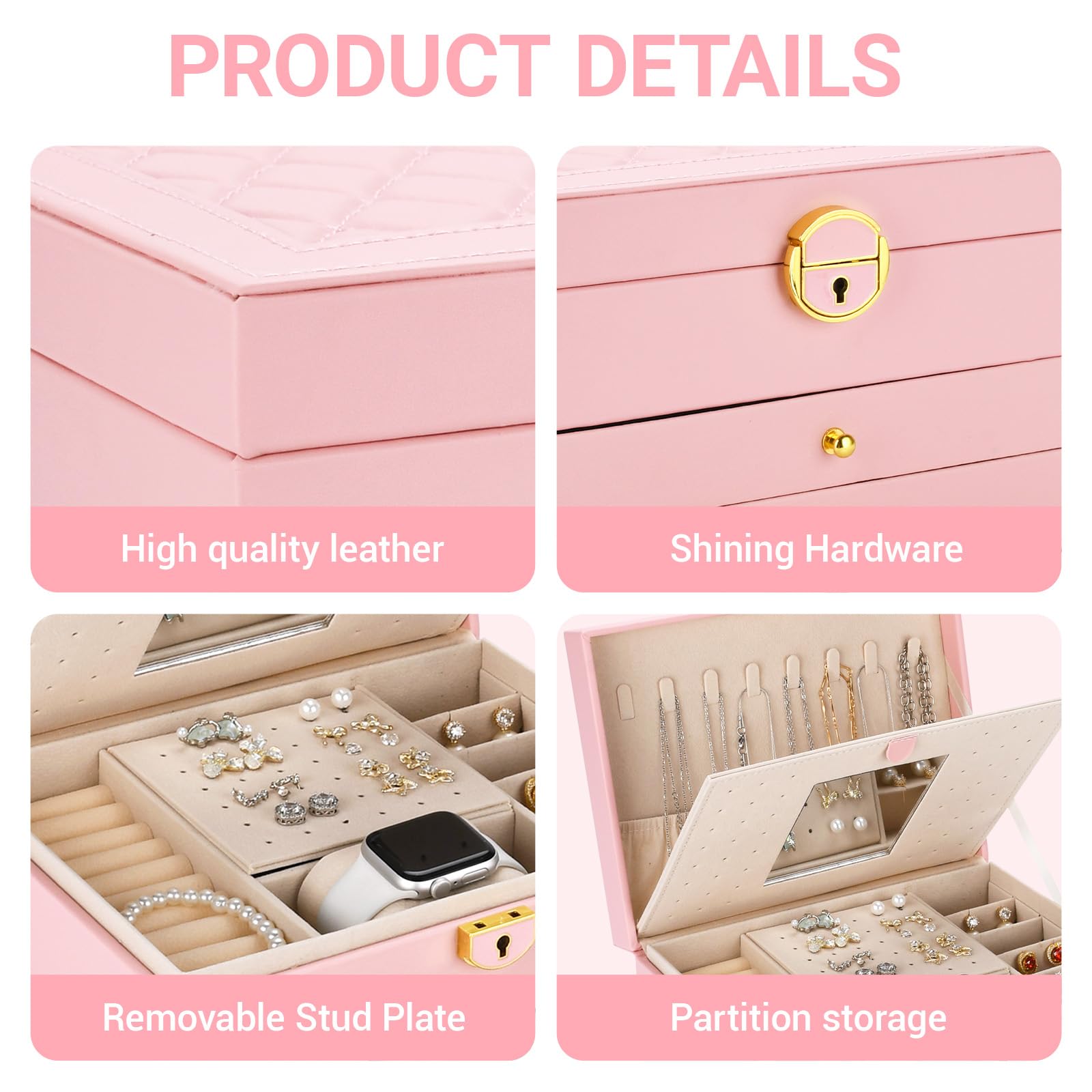 Joyeros Mujer Organizador,Caja de Joyas de tres niveles,Caja Joyero de viaje para collares,aretes,pulseras y anillos,con llaves y cerraduras.Adecuado tanto para niñas como para mujeres