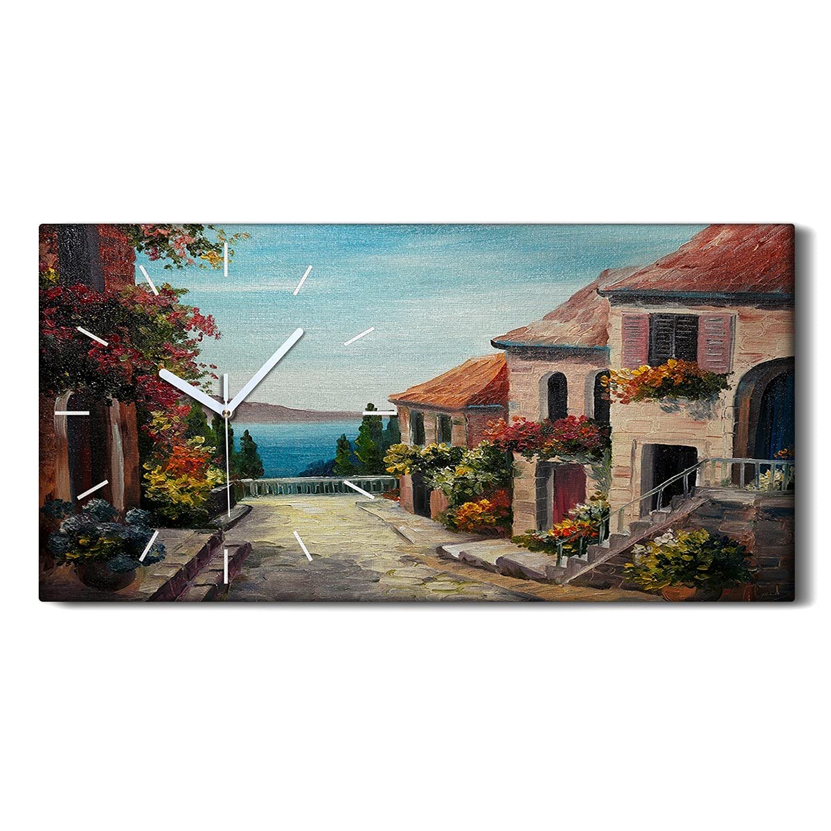 Horloge sur toile avec mains blanches mécanisme silencieux tableau moderne 60x30cm ville