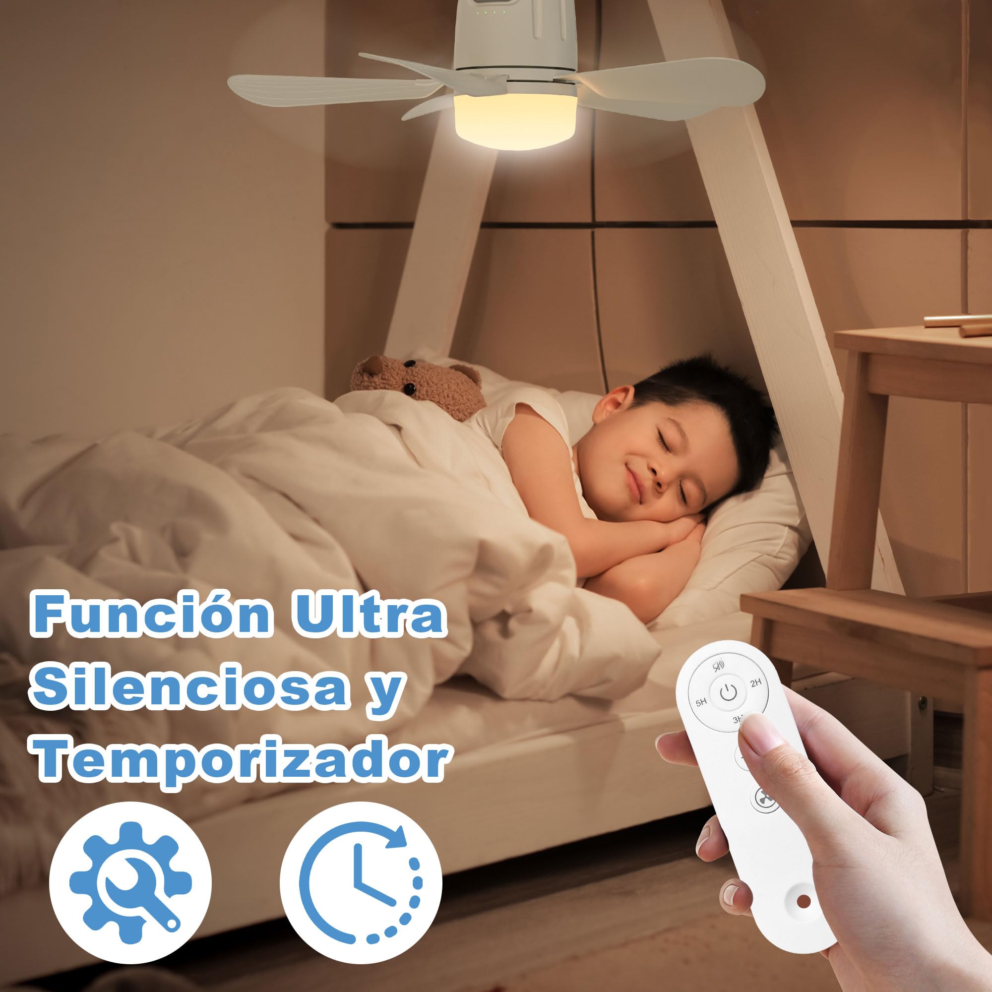 Gliztech Ventilador Techo Exterior 50CM, 20000mAh Ventilador Techo Luz con Batería Blanco, Recargable y Extraíble con Gancho y Mando a Distancia para Cenador, Terraza, Tienda de Campaña, Sombrilla