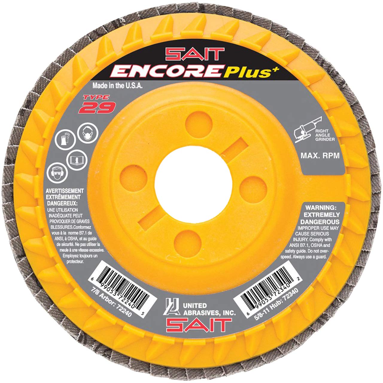 United Abrasives SAIT 72240 4-1/2x7/8 Encore Plus Type 29 No Hub General Purpose Zirconium Flap Discs 60 Grit, 10 pack