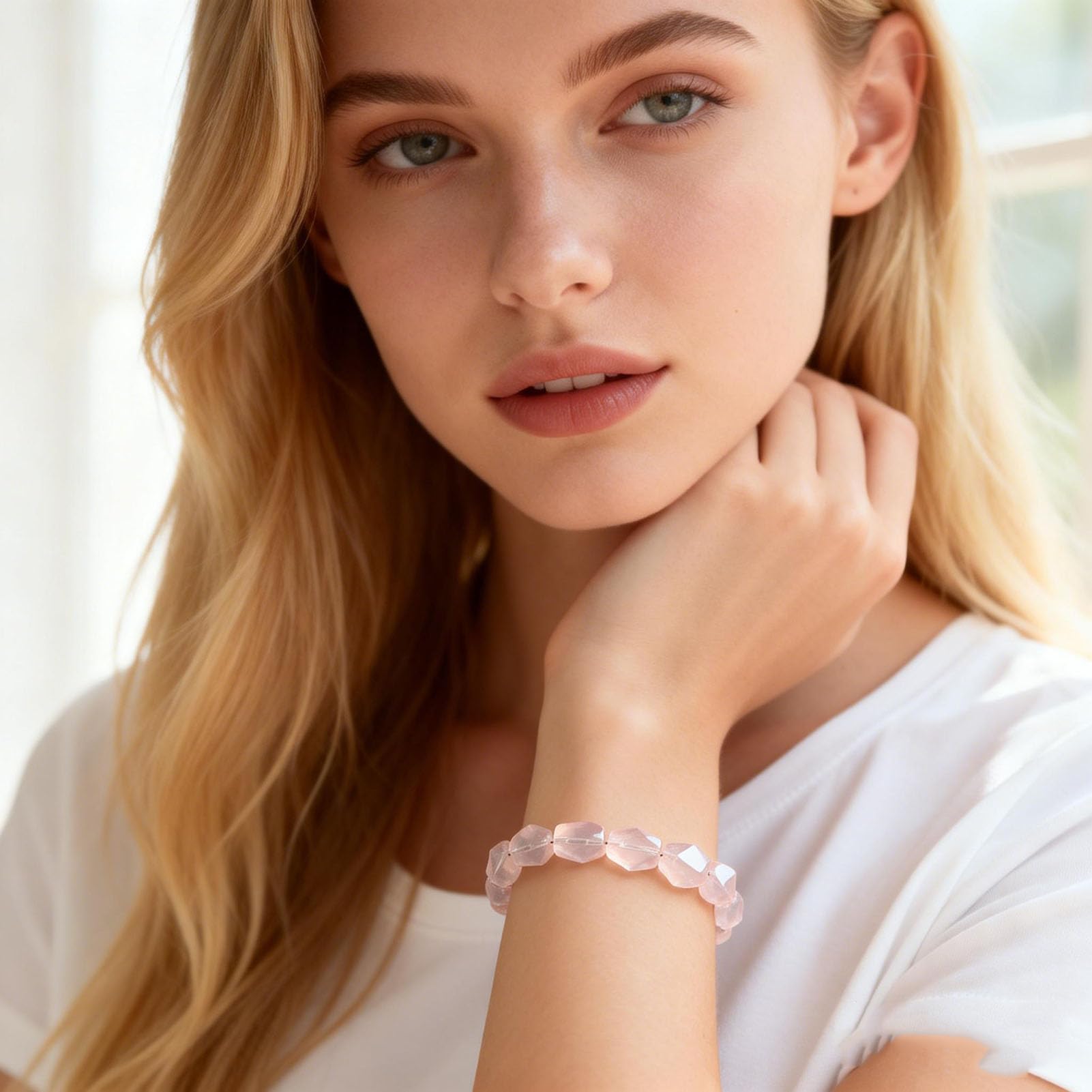 Pulsera elástica de Piedras Preciosas Rosas de Forma Irregular Natural, Pulseras Naturales, Pulsera de Cuarzo Rosa, para Amor, energía Positiva, meditación Unisex, Yoga Equilibrio,9 * 14MM