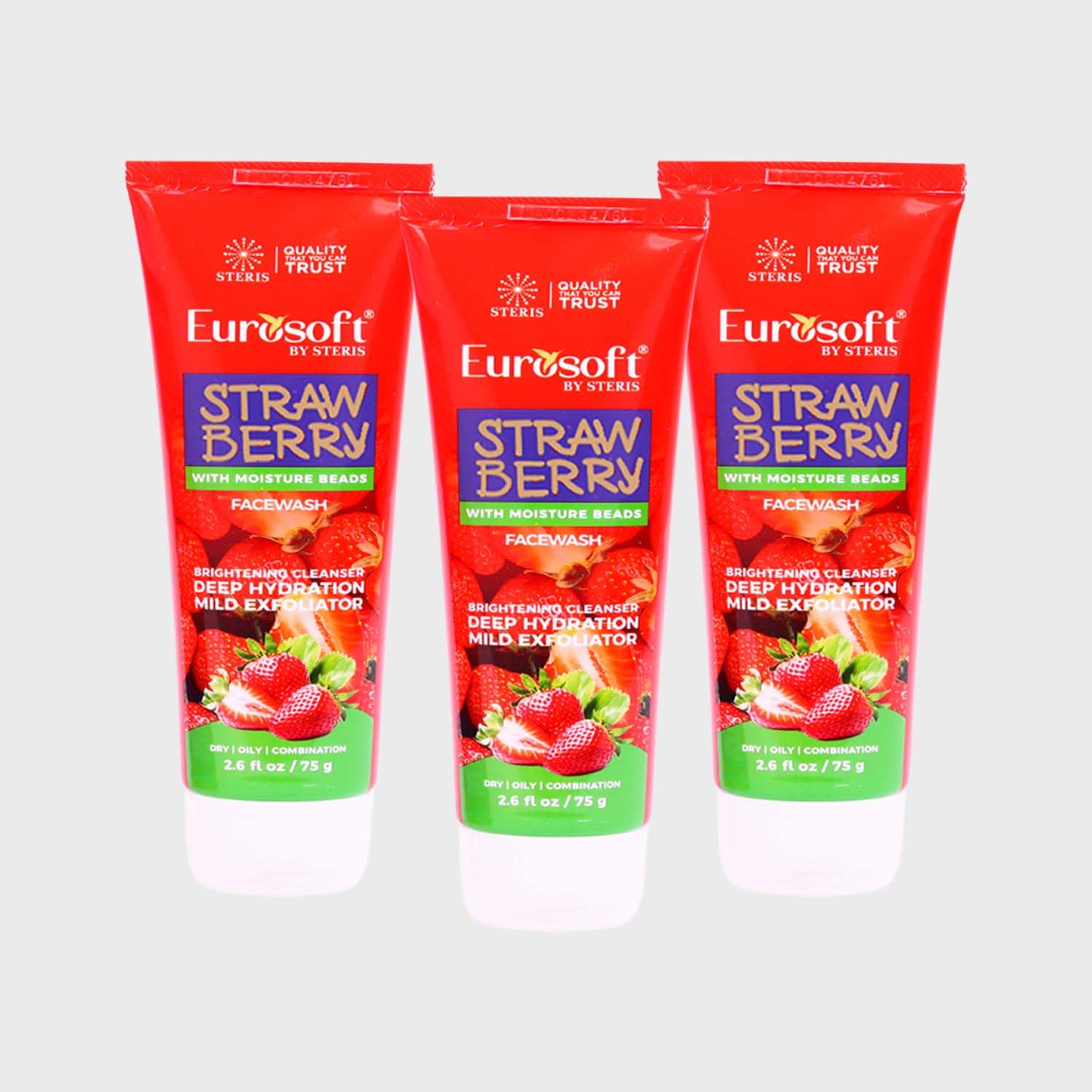 EUROSOFT Strawberry Facewash for Women/Girls, Glow With Moisture Beads-75gm | Daily Gentle Exfoliating Face Cleanser For All Skin Type | For Brightening, Deep Hydrating & Refreshing | Pack of 3