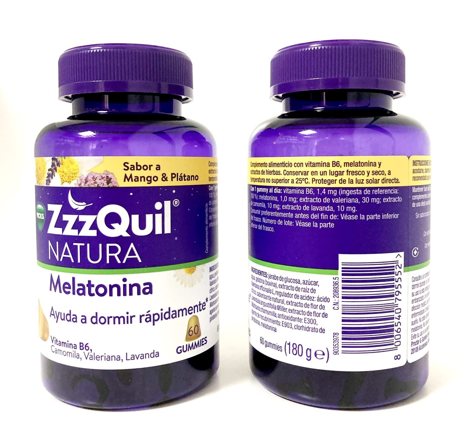 Zzzquil Natura Melatonina, Suplemento Natural para Dormir, 60 Gominolas, con Vitamina B6, Valeriana, Manzanilla y Lavanda. Sabor Mango Platano.- Pack un (total 120 gominolas)