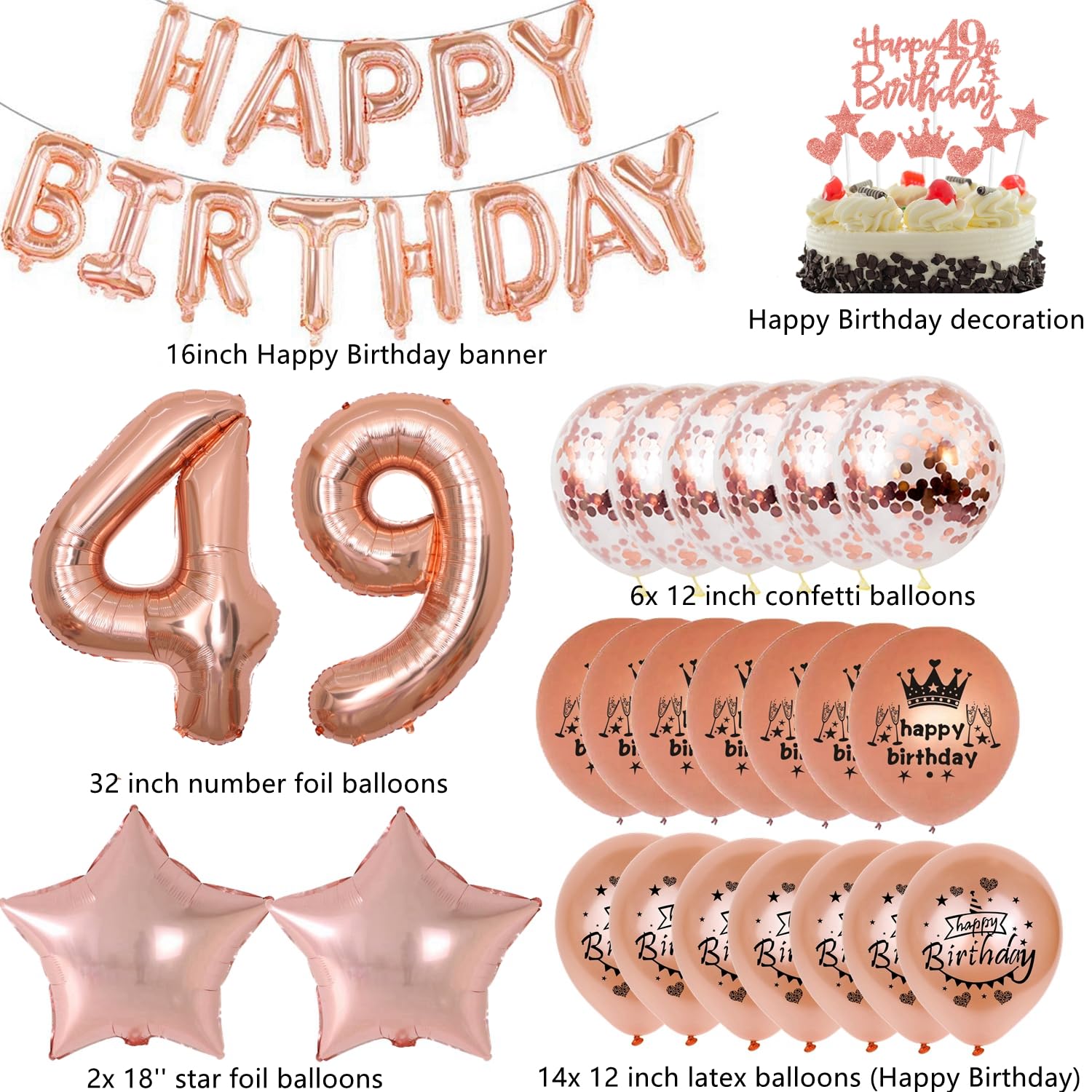 HTN - 49 Pezzi Di Decorazione Di Buon Compleanno Dorate, Adatti A Donne Grils Decorazioni Di Compleanno Dorate E Bianche 8495389620673