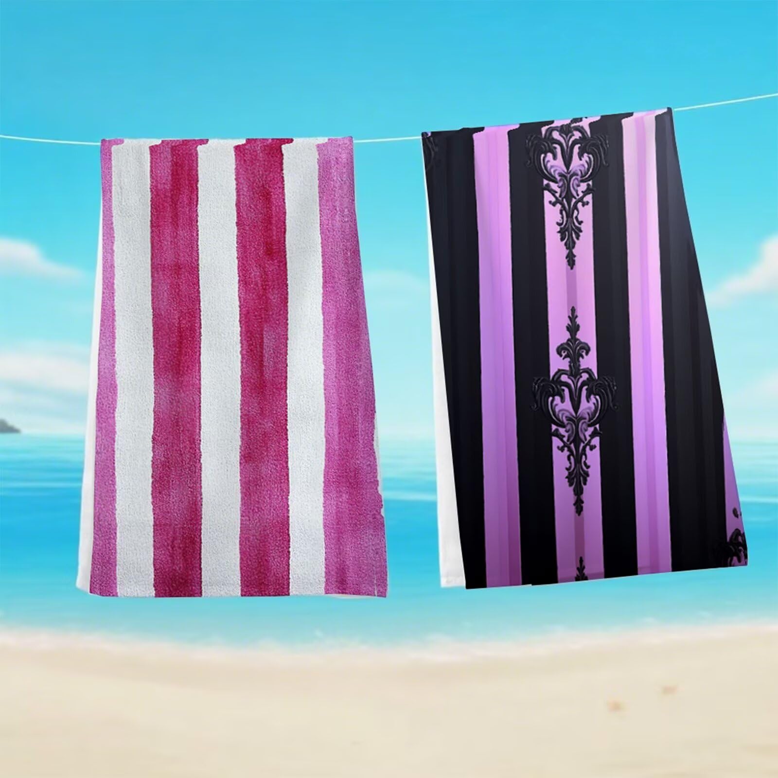 Toalla Playa Grande 80x180 cm, Microfibra Toalla Gimnasio De Secado Rápido, Toallas Baño Sin Arena, Toallas Playa Compacta Hombre Mujer Niños para Deportes, Natación con Bolsa (Rayas Moradas) G1-1209