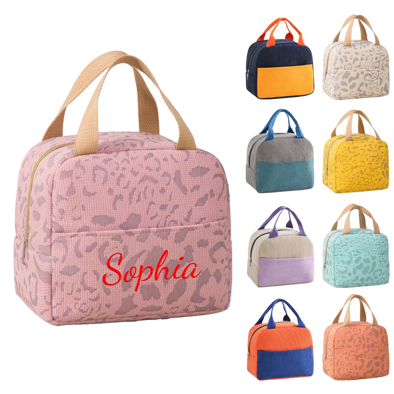 Personalised Embroidered Lunch Bag for Women Kids Adults, Custom Name Insulated Waterproof Lunch Tote Bag, Reusable Lightweight Lunch Box for School Work Office Picnic Travel (Pink Water Ripple)
