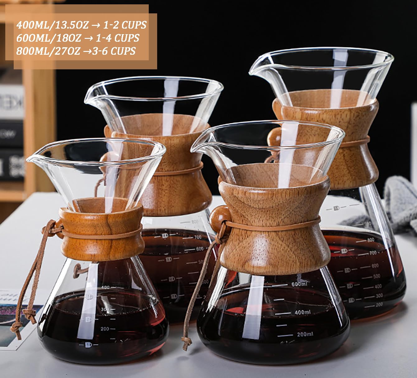 Cafetera vertida con filtro de goteo de acero inoxidable reutilizable, jarra de café de vidrio de borosilicato sin plomo con collar de madera moderno para 1-6 tazas, transparente circular 8