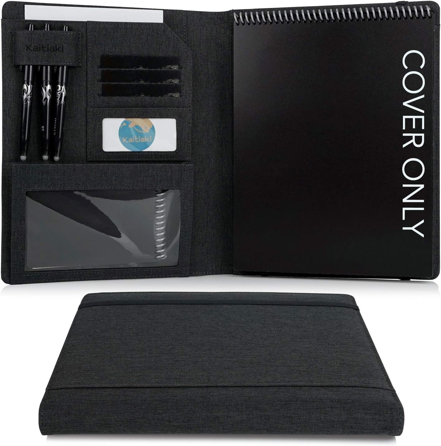 Folio Cover Compatible with Rocketbook Flip, Organized Portfolio with Pen Loop, Business Card Holder, Zipper Pouch Support Mini Size Notebook, Waterproof, Letter Size, Black