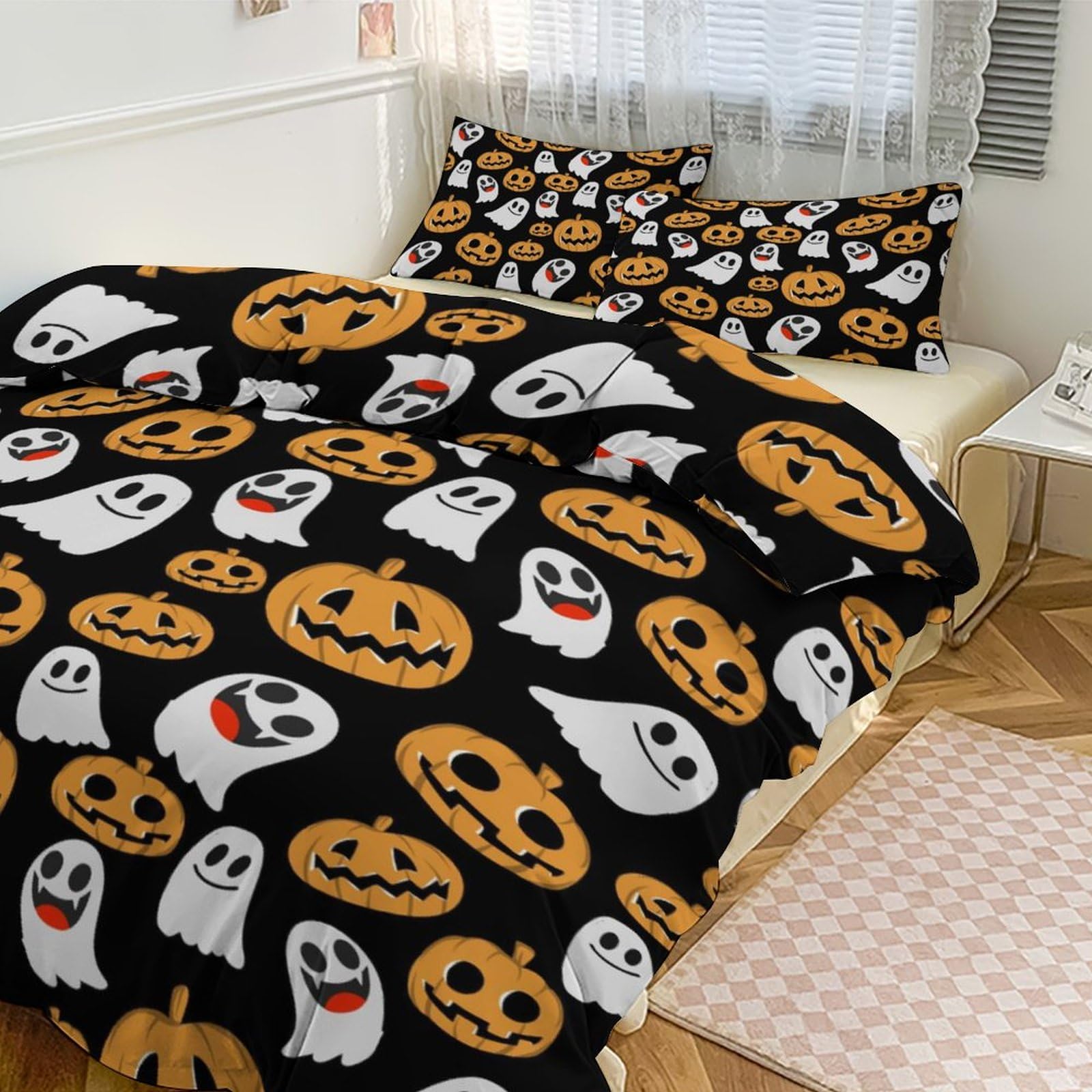 Custom Halloween Pumpkin Skull Ghost Duvet Cover with Name King Cute Spooky Witch Hat Personalized Bedding Set Spider Webs Bat Customized Duvet Cover Set Trick Or Treat Comforter Cover Set 3 Pieces