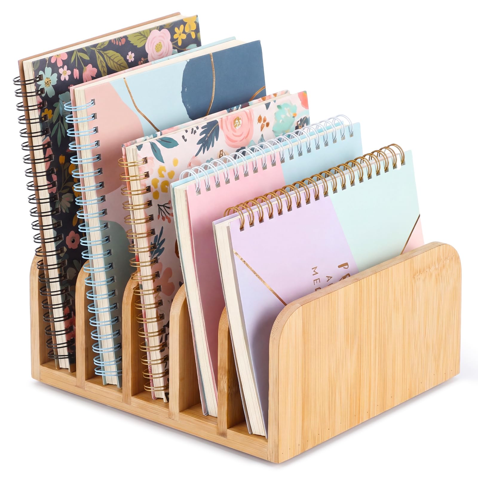 Lineshading Bamboo Letter Organizer, 5 Compartments Desk Mail Organizer, Desktop Envelope Holder and Letter Sorter, Countertop Paper File Holders with Anti Slip Mat for Home Office(Bamboo Color)