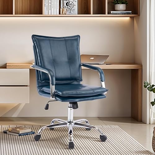 Miniatura 1 de Silla de oficina ergonómica de cuero con respaldo medio, moderna silla de escritorio ejecutiva tapizada con marco dorado y reposabrazos para