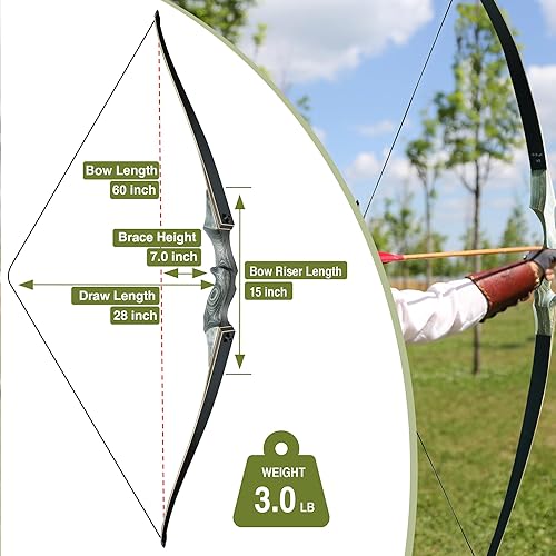 Miniatura 3 de Black Hunter Takedown - Arco largo de madera de 60 pulgadas para diestros y zurdos, arco de caza para práctica de entrenamiento de principiantes,