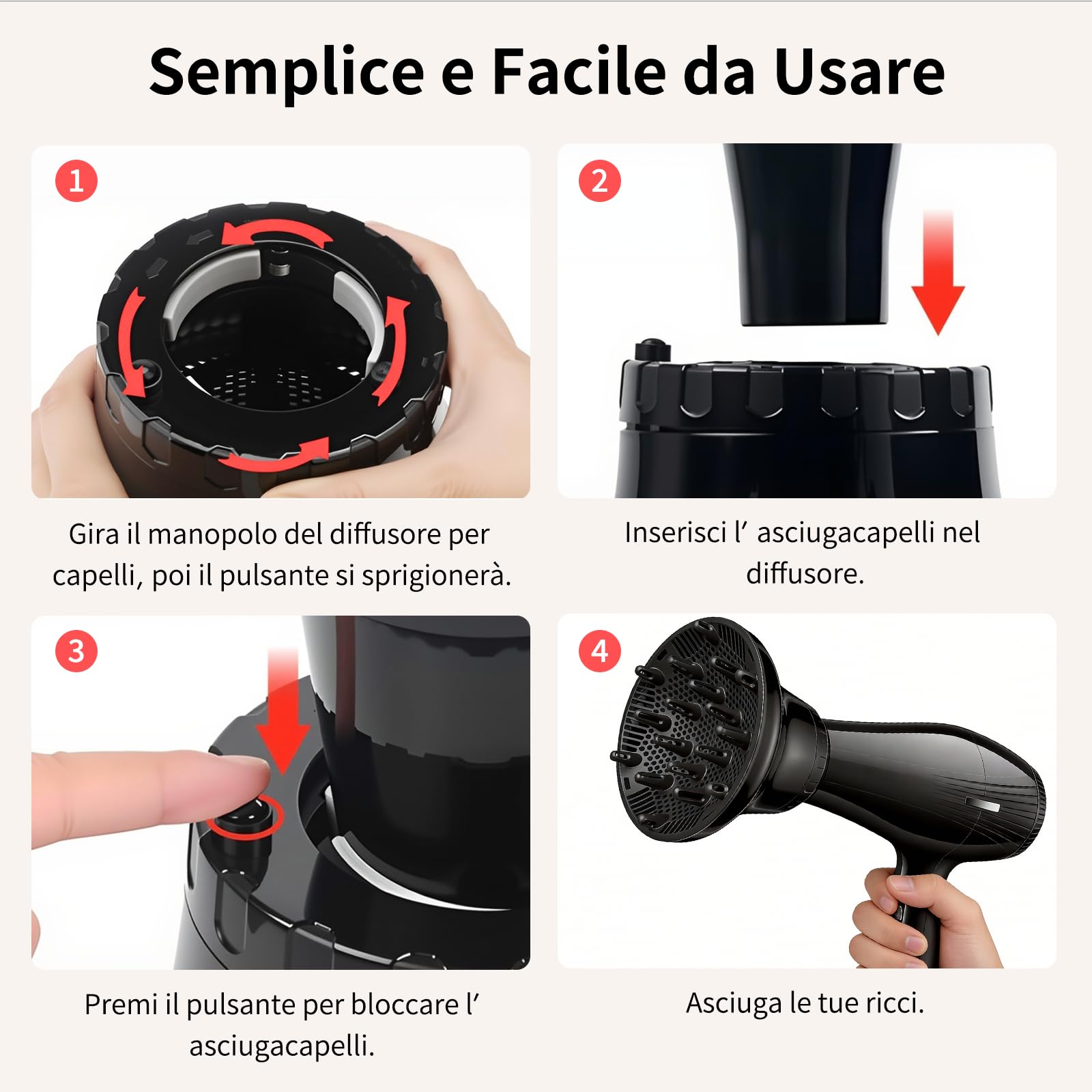 AISEELY Diffusore per Capelli, Universale dei Capelli Diffusore, Diffusore Per Asciugacapelli In Silicone, Diffusore per Capelli Ricci Neri Regolabile da 4cm a 7cm
