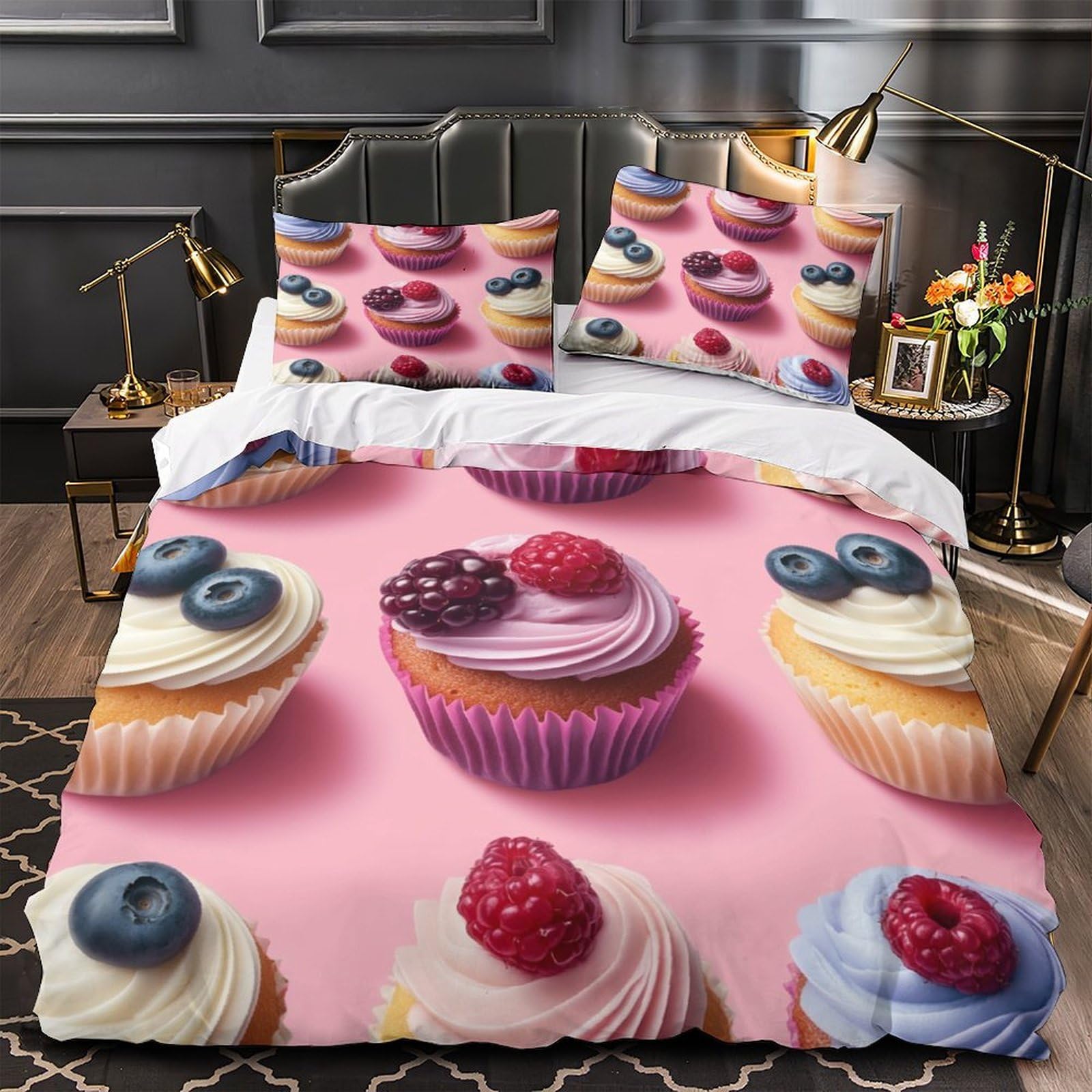 Cupcake ai frutti di bosco Impressione 3D 3 pz cover piumone Dolci prelibatezze da dessert coperteletto microfibra traspirante zip per adolescenti uomini adulti Super king（260x220cm）