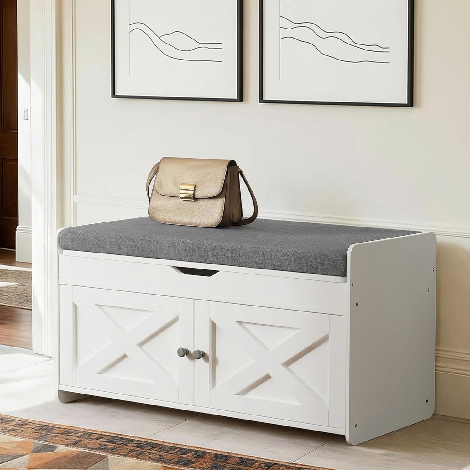 Amada Shoe Storage Bench with Cushion, 47.2" Long Entryway Bench with Lift Top Storage, 4-Door Shoe Bench with Adjustable Shelves, 300 lb Capacity for Entryway, Bedroom, Living Room, Classic White