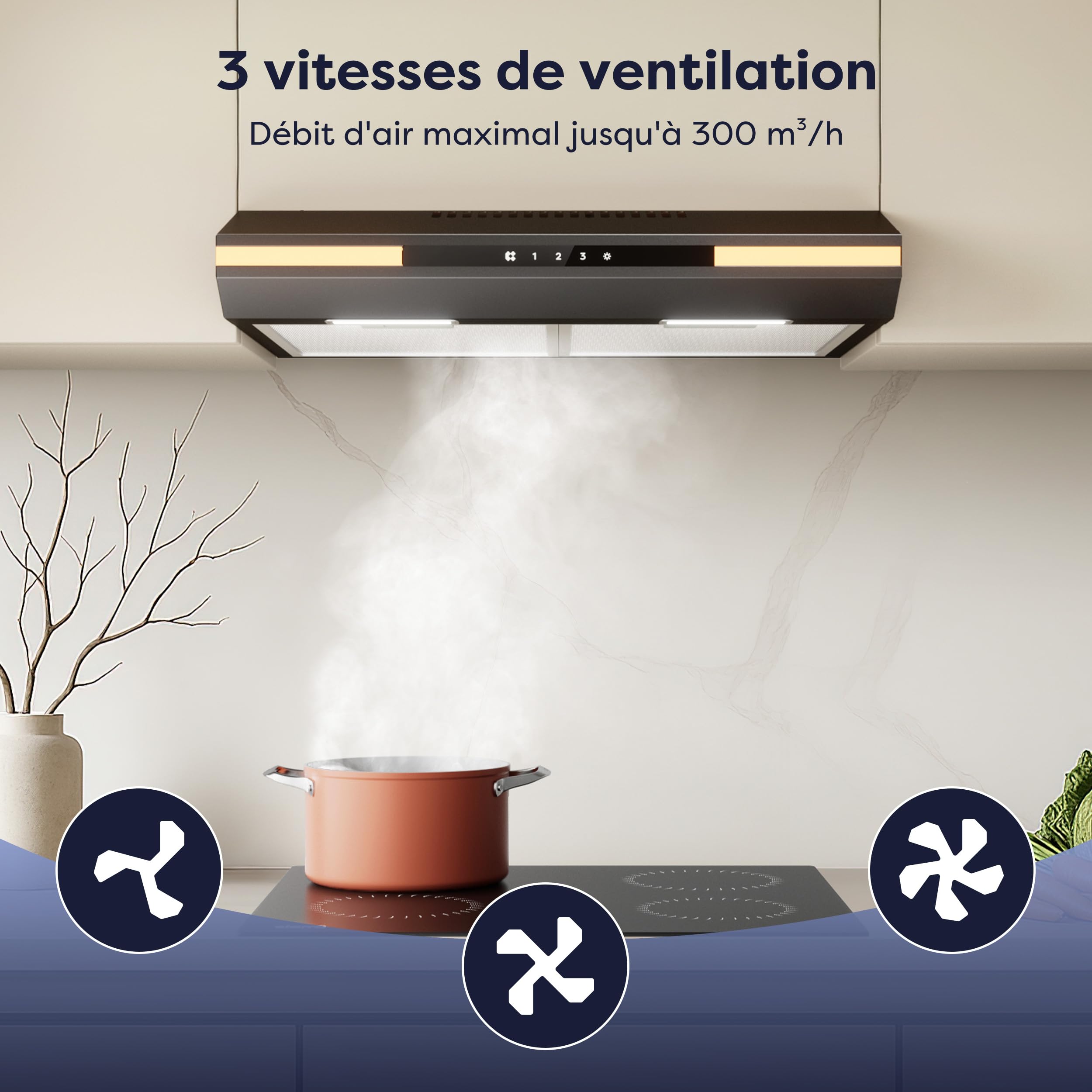 CIARRA CBCB6921 Hotte Aspirante Sous Meuble 60cm, Classe A+, Commande Tactile, 3 Vitesses, Évacuation/Recyclage, avec Filtre à Charbon CBCF011, Noir