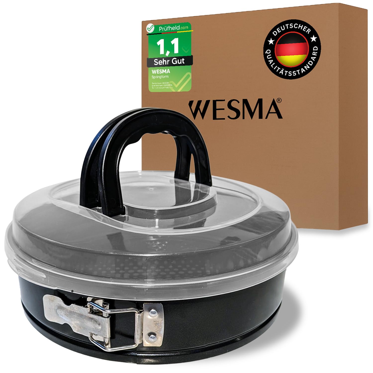 WESMA® Springform 26 cm rund mit Deckel | Premium Backform 26cm Springform mit Transporthaube | Kuchenform rund mit Transporthaube für Torten & Kuchentransport | Kuchenbox, Kuchenbehälter