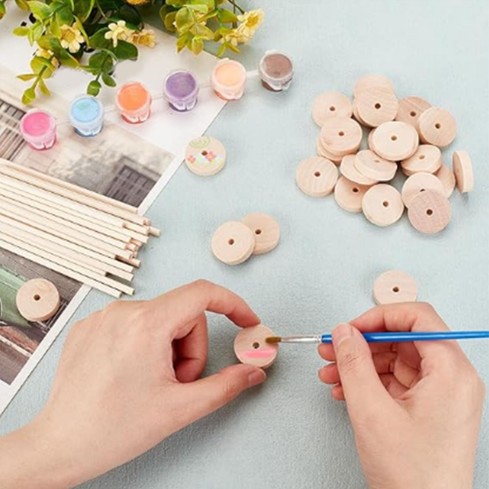 Riuulity 24 X Wooden Rods, 30 X Wooden Wheels DIY Unfinished Wood Wheels Birch for DIY Project Painting Decoration Crafts - Image 4