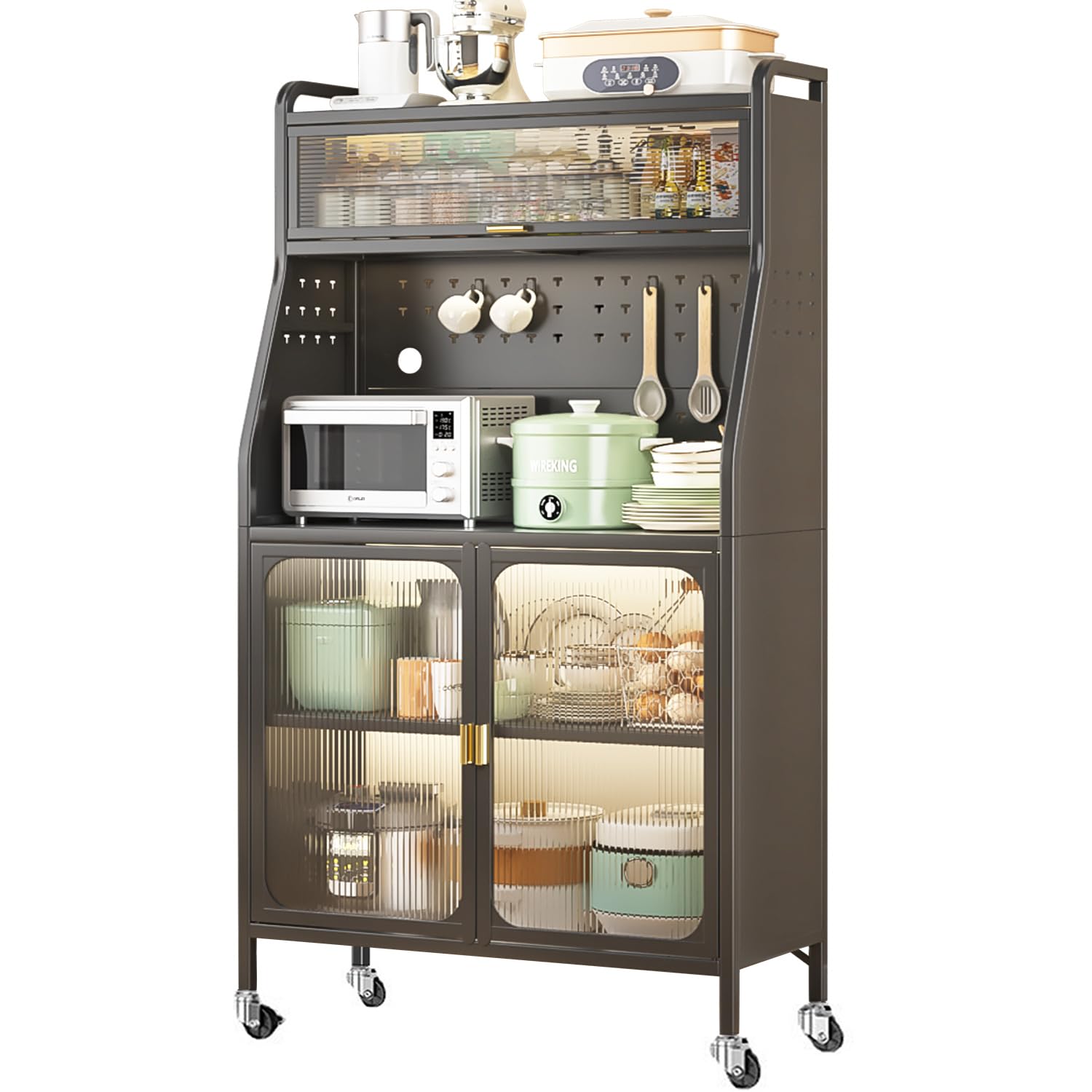 Mobile Dispensa Cucina, Credenza Cucina Alta, 86 x 36 x 164cm, con Rotelle con Gancio, Foro Per Cavi, Porta Magnetica 5 Piani Mobile Microonde, Adatto Alle Cucine, Nero