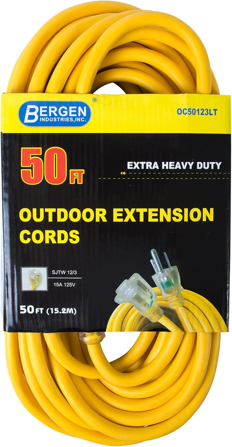 OC50123LT Extra Heavy-Duty Outdoor Single Receptacle Extension Cord, 50 ft, 12 AWG, 15A/125V AC