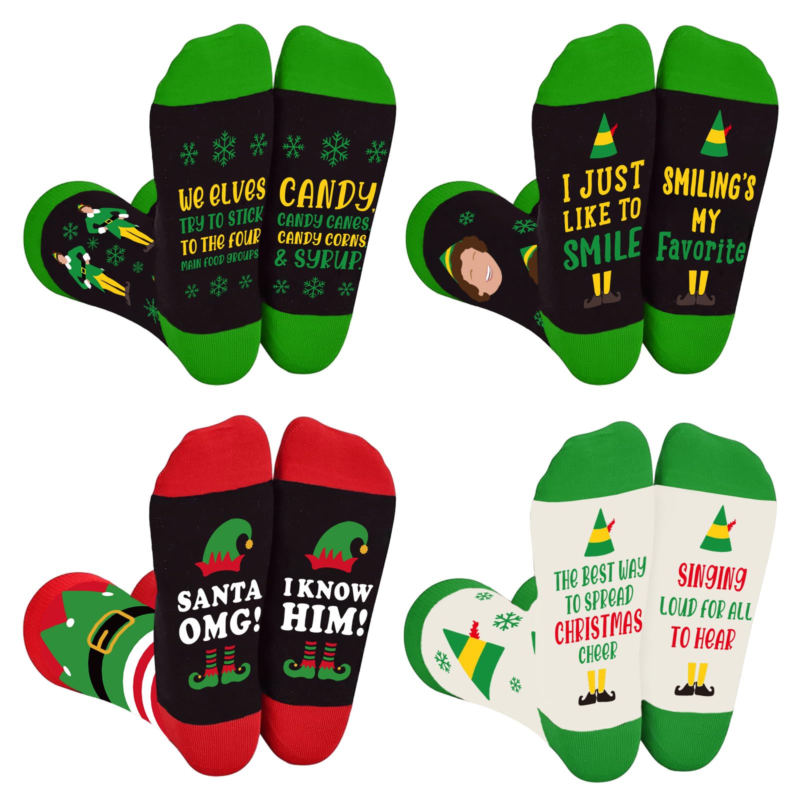 Buddy The Elf Merchandise Gifts, Funny Christmas Socks for Women Men, 4 Pairs Elf Winter Warm Knitted Socks Costume Accessories, Novelty White Elephant Gifts for Christmas Stocking Stuffers,