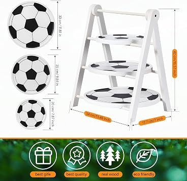 Marsui 3 Tier Soccer Ball Serving Trays Wooden Shaped Soccer Stand Platters 12'' 10'' 8'' Round Charcuterie Plate Board Reusable Party Serving Plate for Game Tailgate Party Supplies