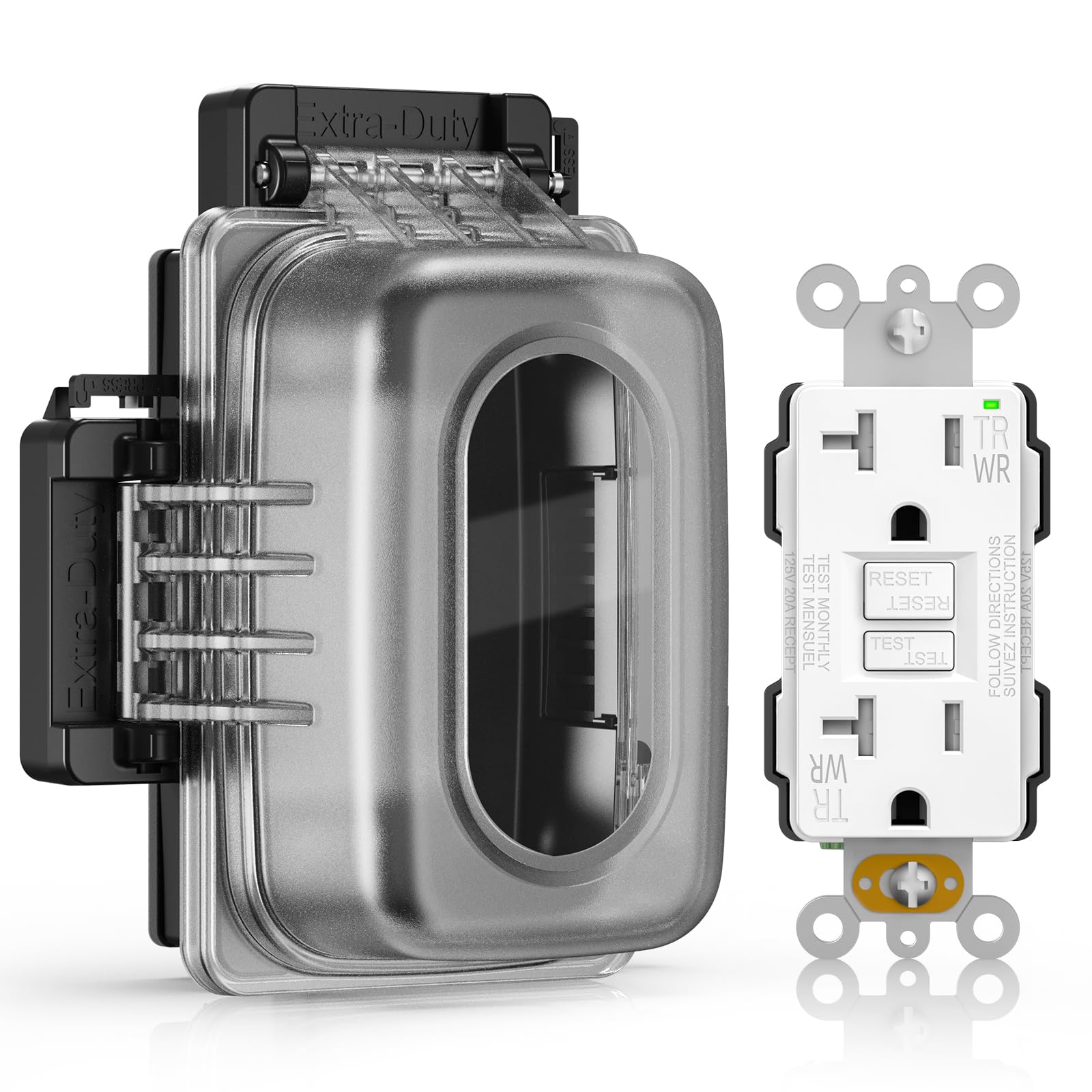 ELEGRP Prise extérieure GFCI avec couvercle d'utilisation, prise GFI TRWR de 20 A, couvercle résistant aux intempéries, verrouillable, montage horizontal/vertical, certifié UL, 1 pièce, blanc
