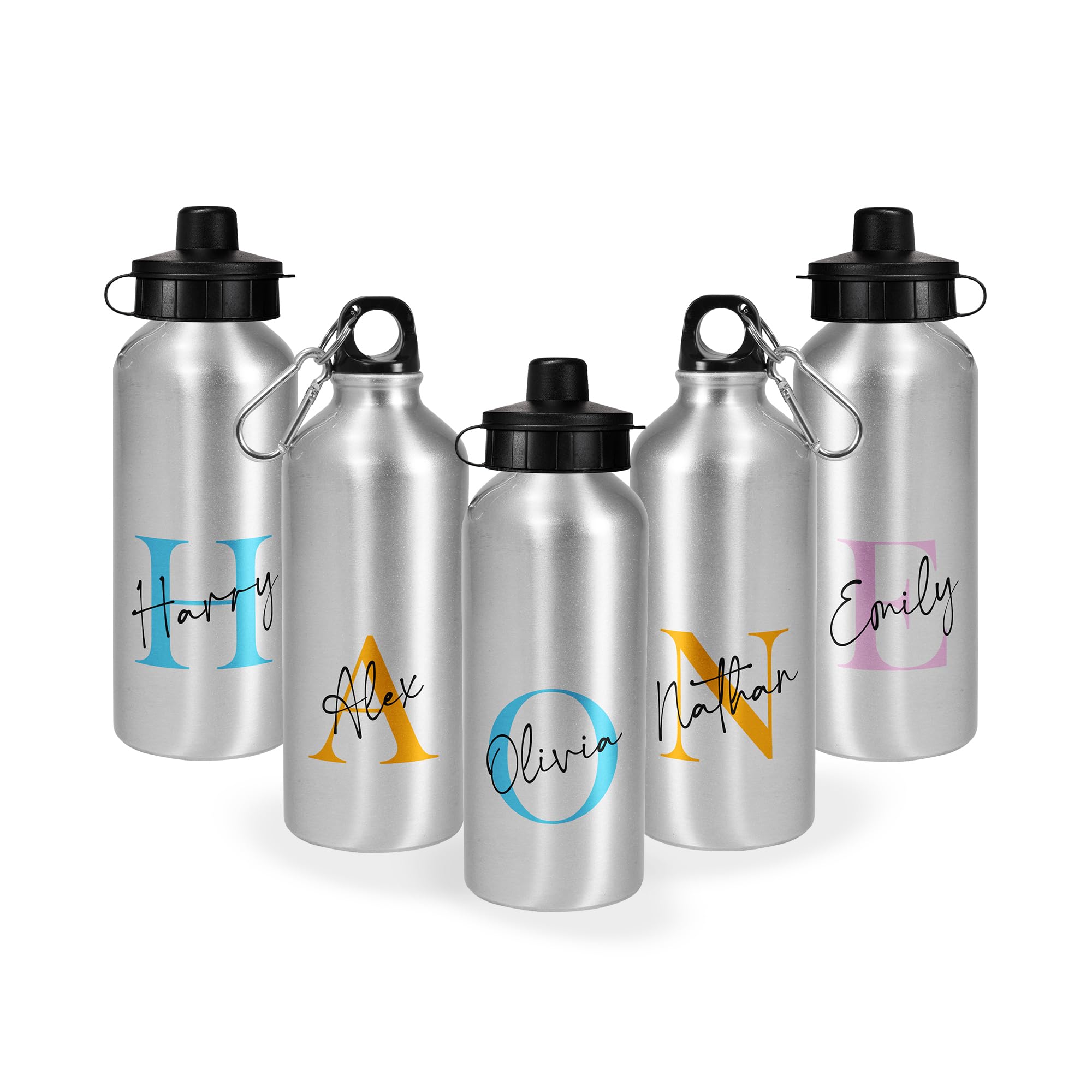 Print Maniacs Personalised Water Bottle School Sport Cap Drink White Silver 600ml or 400ml Aluminium Kid Boys Girls Biking Gift Initial Name (Silver, 600ml)