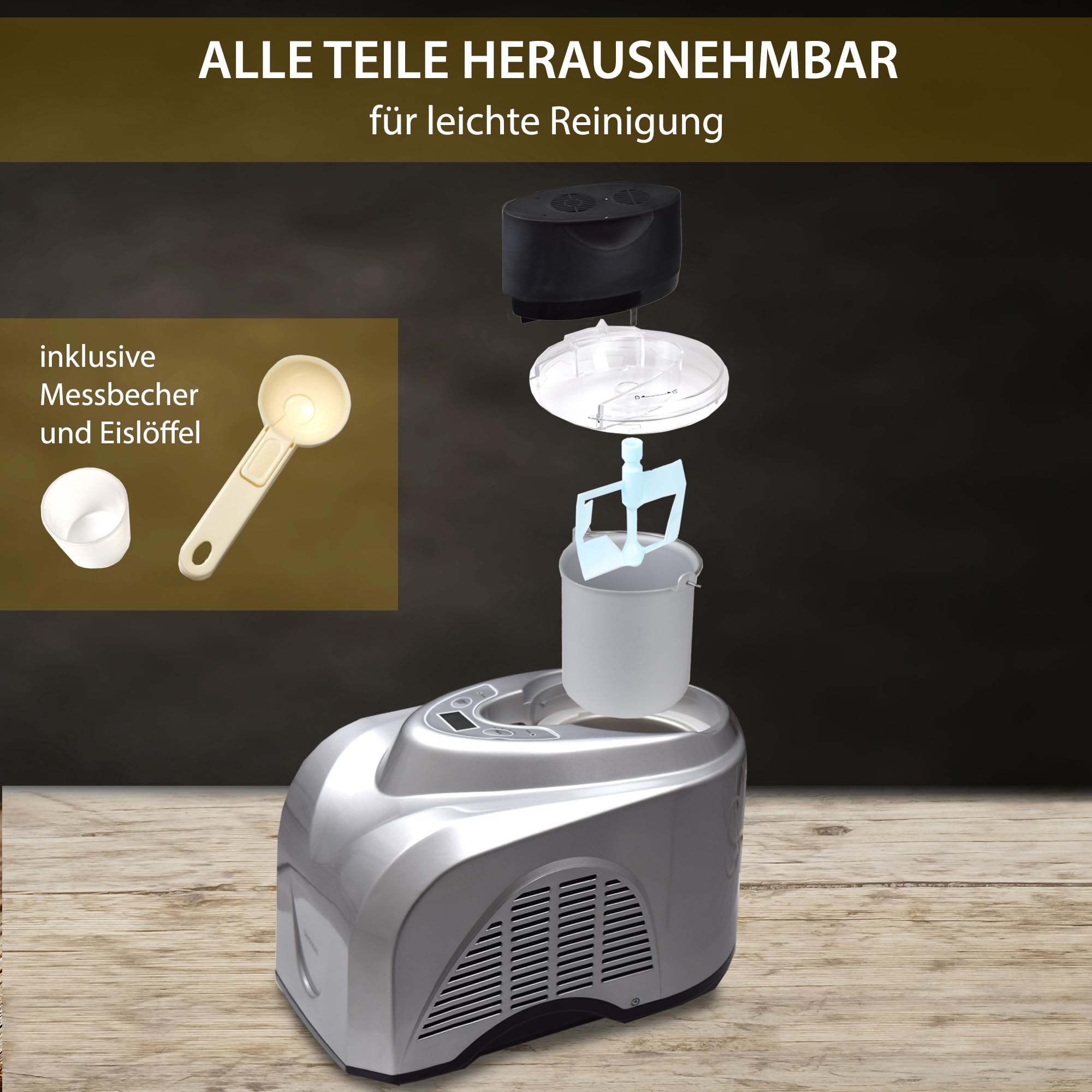 Gino Gelati Eismaschine mit Kompressor Zentoria Eiscreme Maschine Eisbereiter, 1 Liter Kapazität. 180 Watt, Edelstahl, Silbernes Design, leichte Reinigung