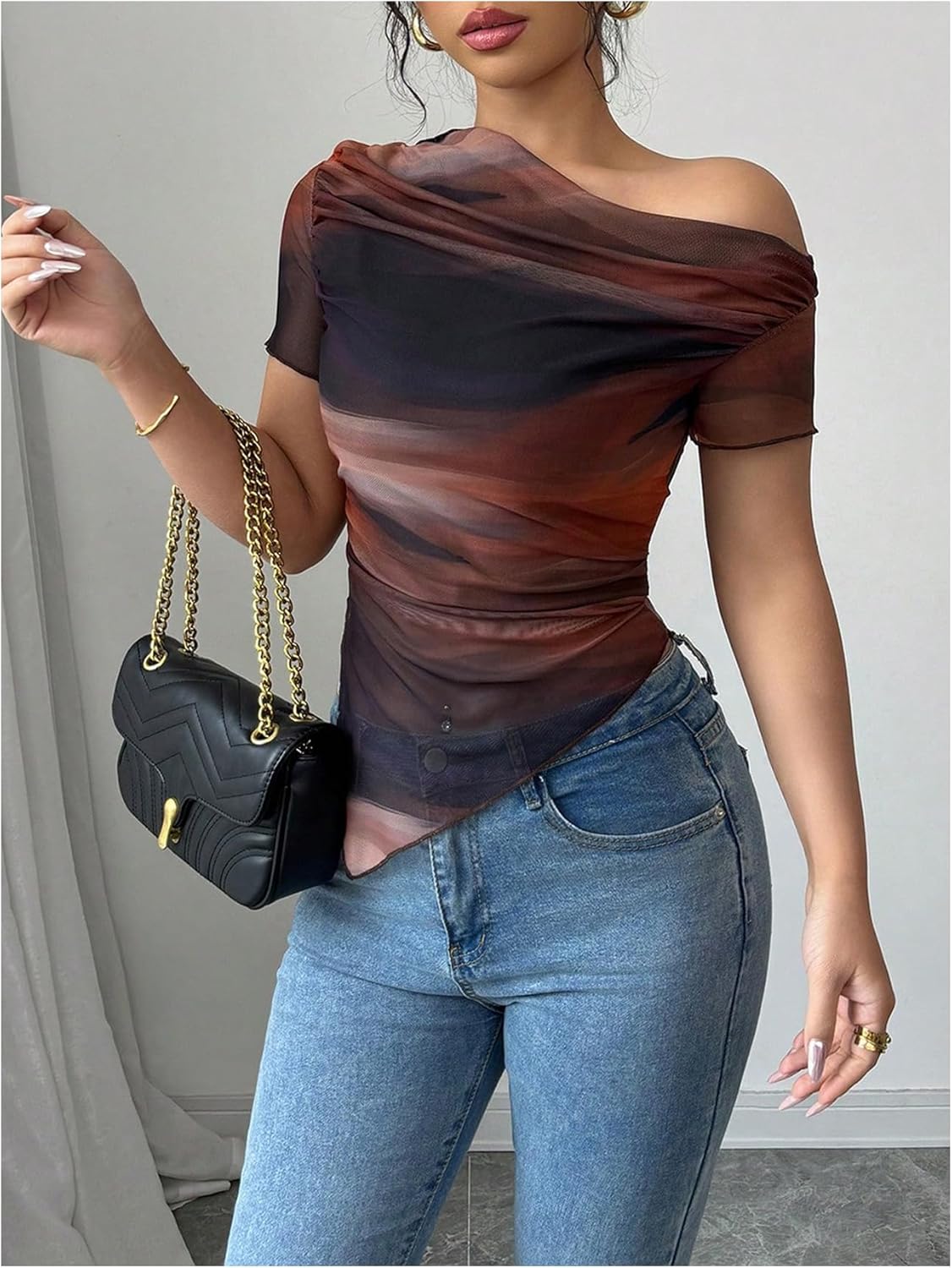Women's Off The Shoulder Tie Dye Ombre Mesh T Shirt Short Sleeve Asymmetrical Ruched Crop Tops - Image 4