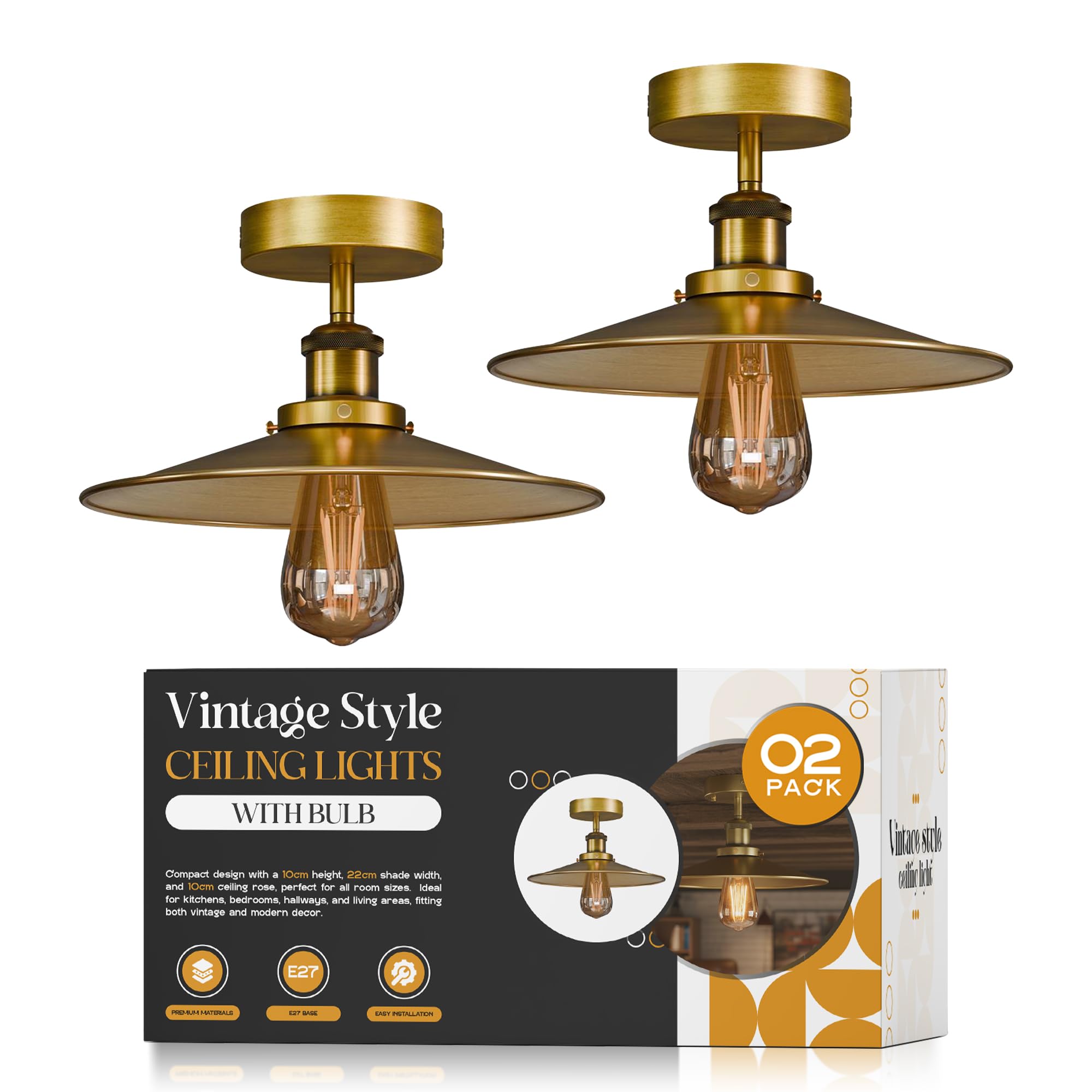 DC VOLTAGE Pack of 2 Vintage Flush Mount Ceiling Light 22cm Yellow Brass Metal Lampshade E27 Industrial Ceiling Lighting Fixture for Kitchen Island Dining Room Hallway Bedroom EPC A+