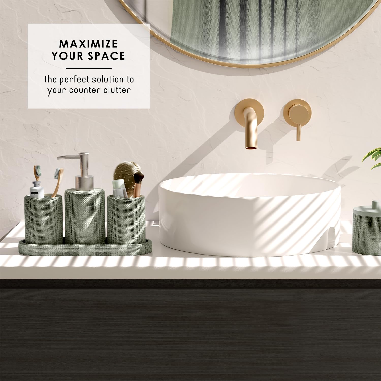 Clara Clark Juego de Accesorios de baño Verde Salvia, Juego de Accesorios de baño de 5 Piezas, Juegos de baño con dispensador de jabón, Soporte para Cepillo de Dientes, Vaso, Tarro de hisopo de