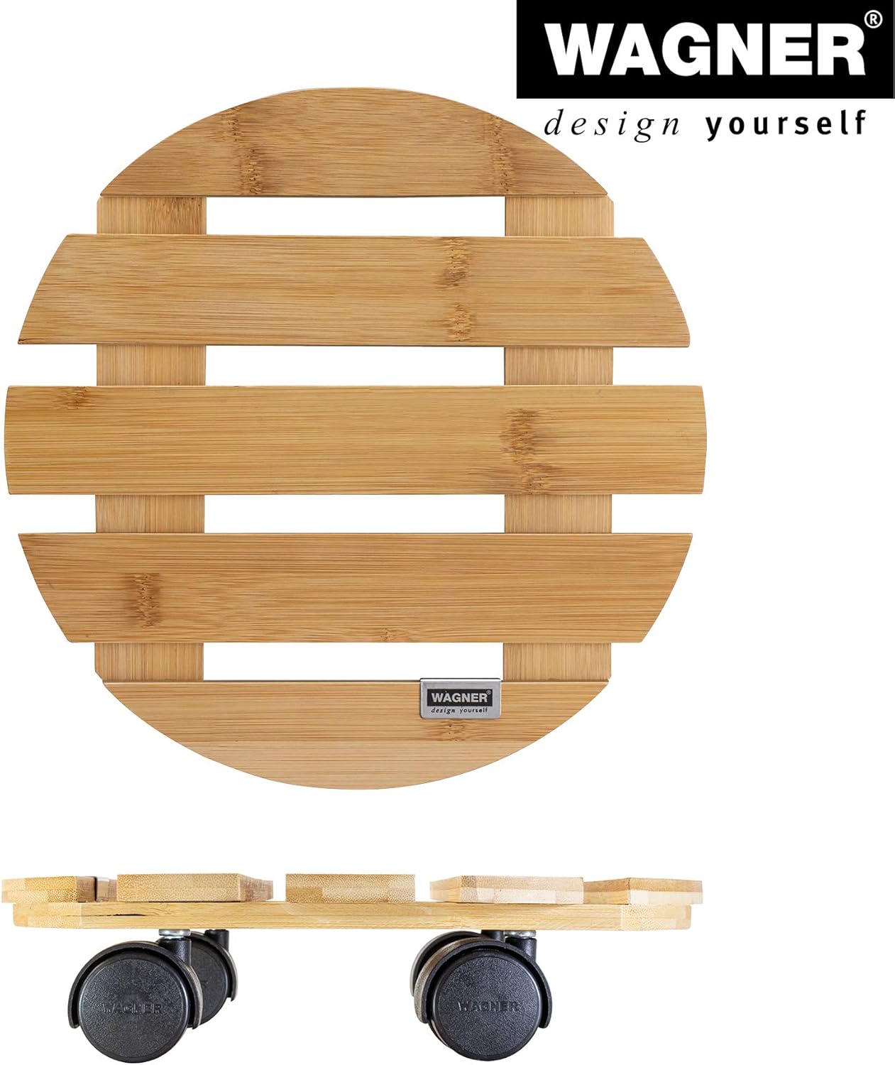 WAGNER Plant Caddy Bamboo - Ø 11.42 x 2.76 in - Flower Caddy for Indoor use, Plant & Flower Stand with Wheels, Made of Wood, Bright Bamboo, Load Capacity 220 lbs- 64-0267