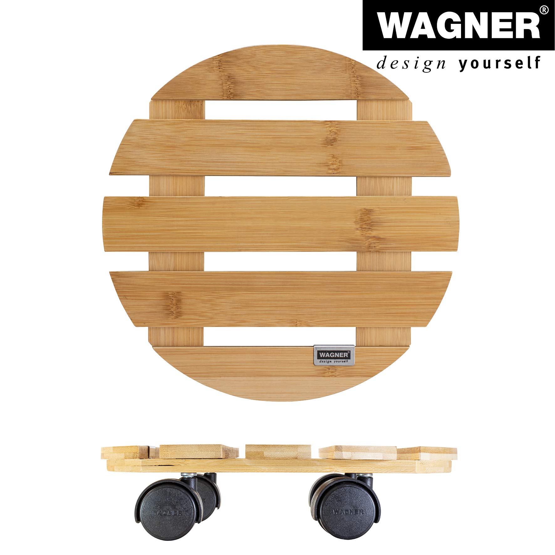 WAGNER Design Yourself Carrello per Piante Bamboo Ø 29 x 7 cm, Carrello per Piante per Interni, bambù Chiaro, Portavaso in Legno con Ruote, Portata 100 kg - 20026701