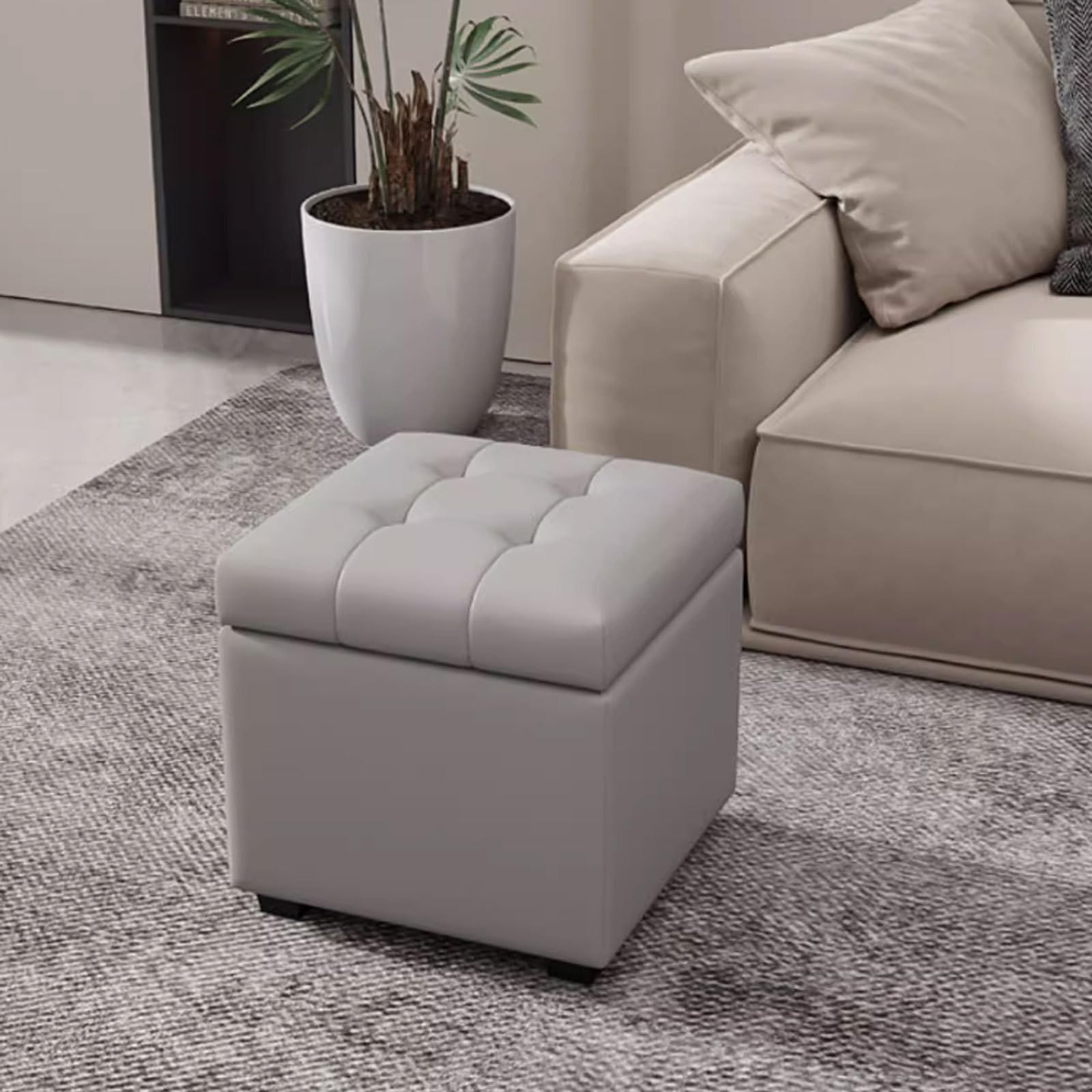 Robusto Ottomani in Pelle con Coperchio ad Alta risorsa ottomane Piede ripieno robuste Pouf ottomane Grigio Grigio Sgabello da vanità Quadrato risparmia Spazio