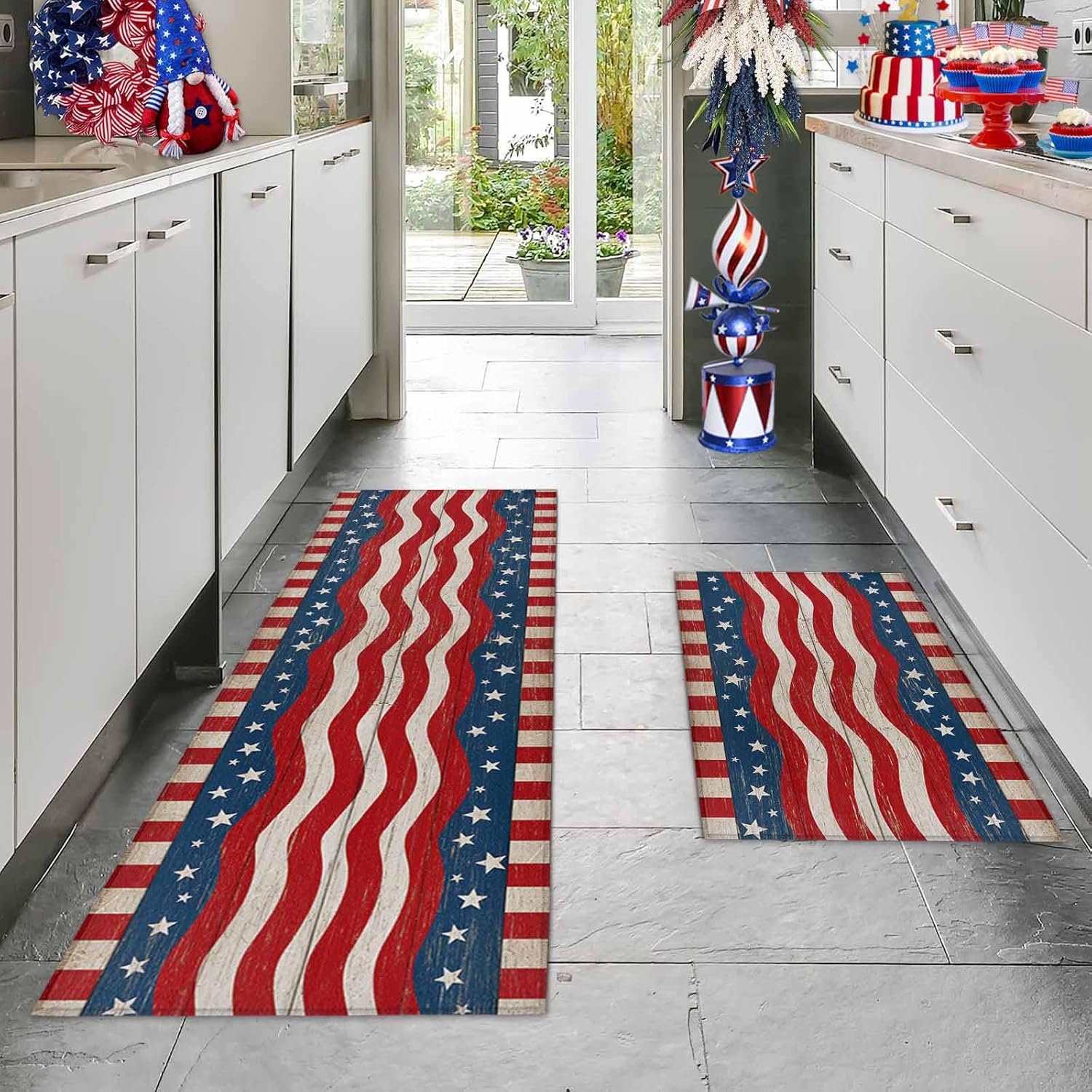 2 Pieces Kitchen Rugs and Mats,4th of July Star Stripe on Wood Area Runner Rug Set Non Slip Floor Doormat Washable Carpet Standing Mat for Kitchen Sink Indoor Corridor,Vintage USA Flag Wooden