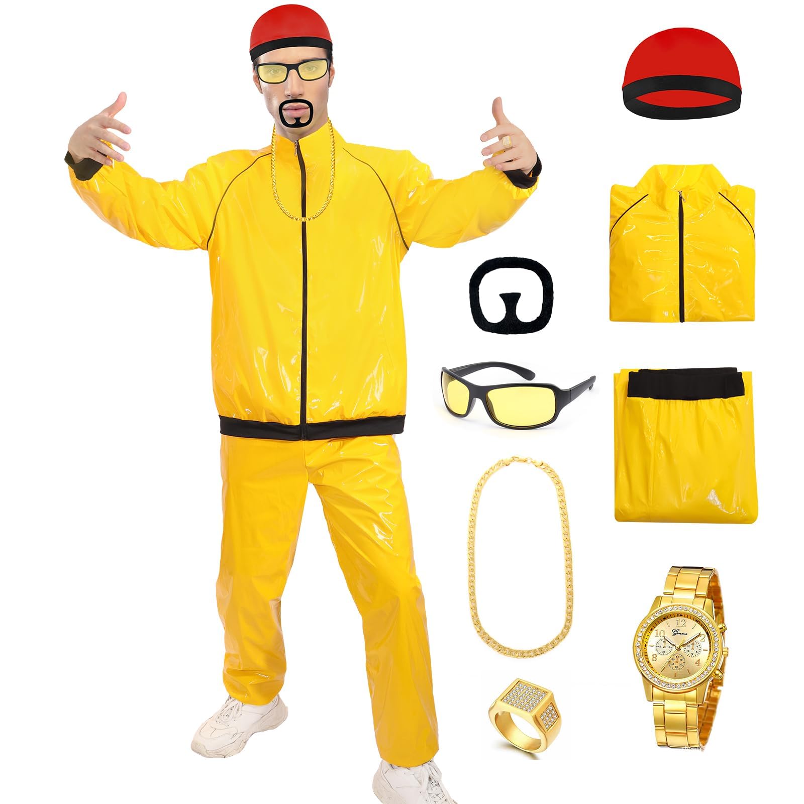 Boyigog 90s Rapper Fancy Dress Men Costume for Adults Hip Hop Halloween  Costume Red Hat Ring Necklace Watch Glasses with Yellow Lenses, 80s 90s  Halloween Carnival Party Costume  BigaMart