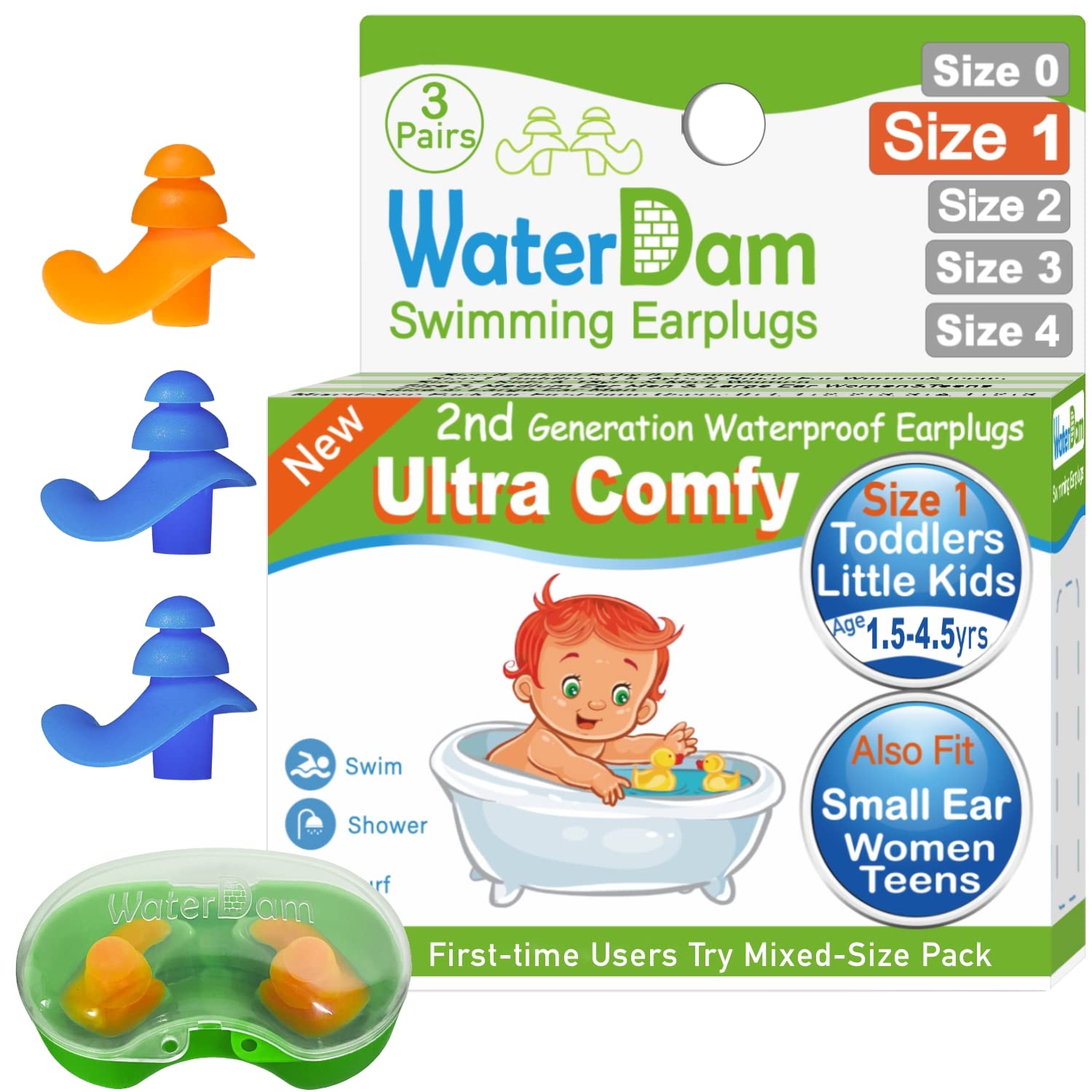 Bouchons D'oreille WaterDam – étanches Et Confortables, Taille Enfant/très Petites Oreilles, Bleu/orange